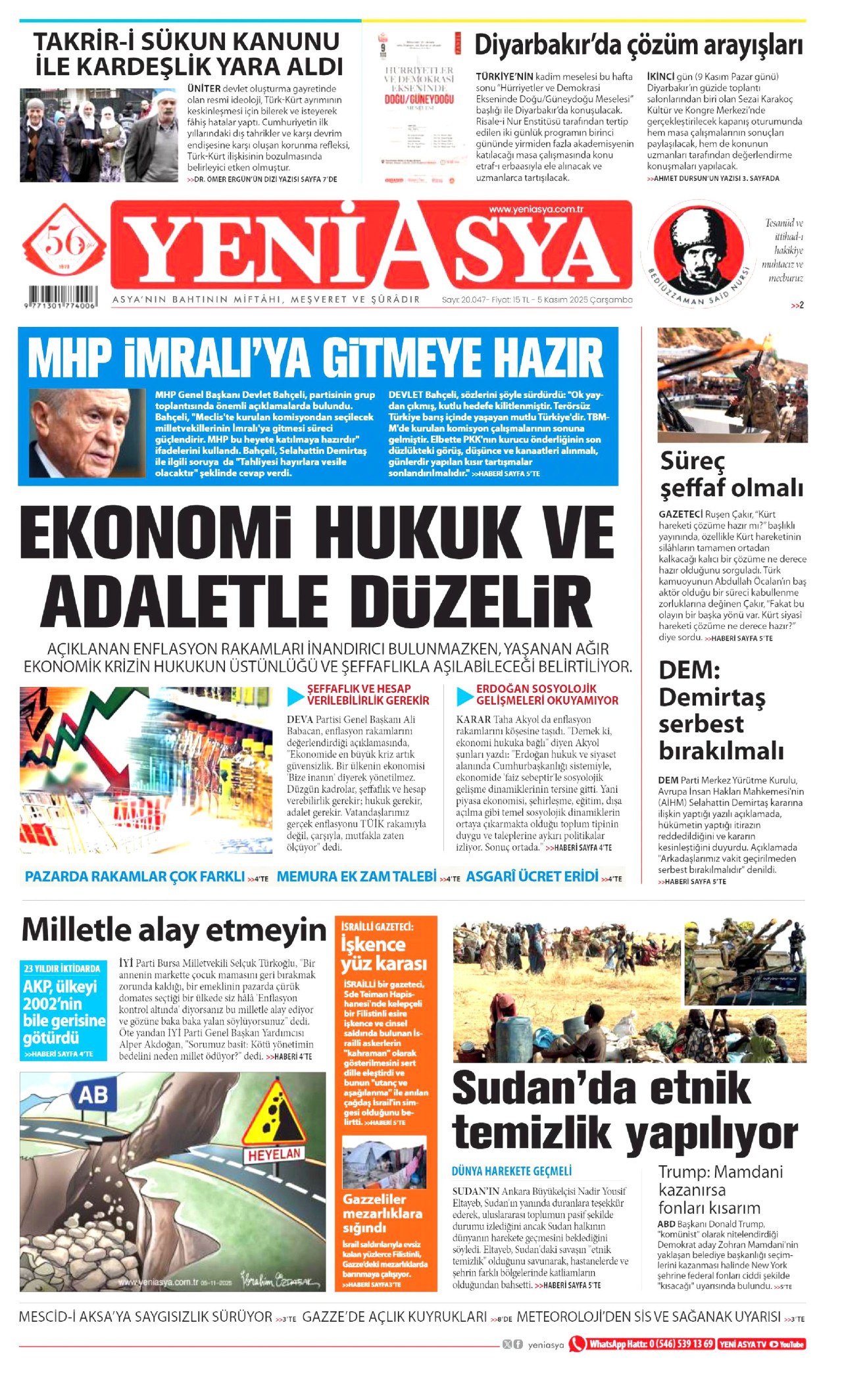 YENİ ASYA gazetesinin 5 Kasım 2025 tarihli birinci sayfası