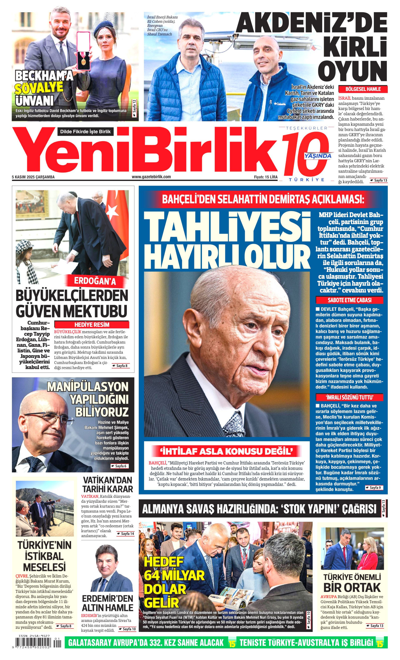 YENİBİRLİK gazetesinin 5 Kasım 2025 tarihli birinci sayfası