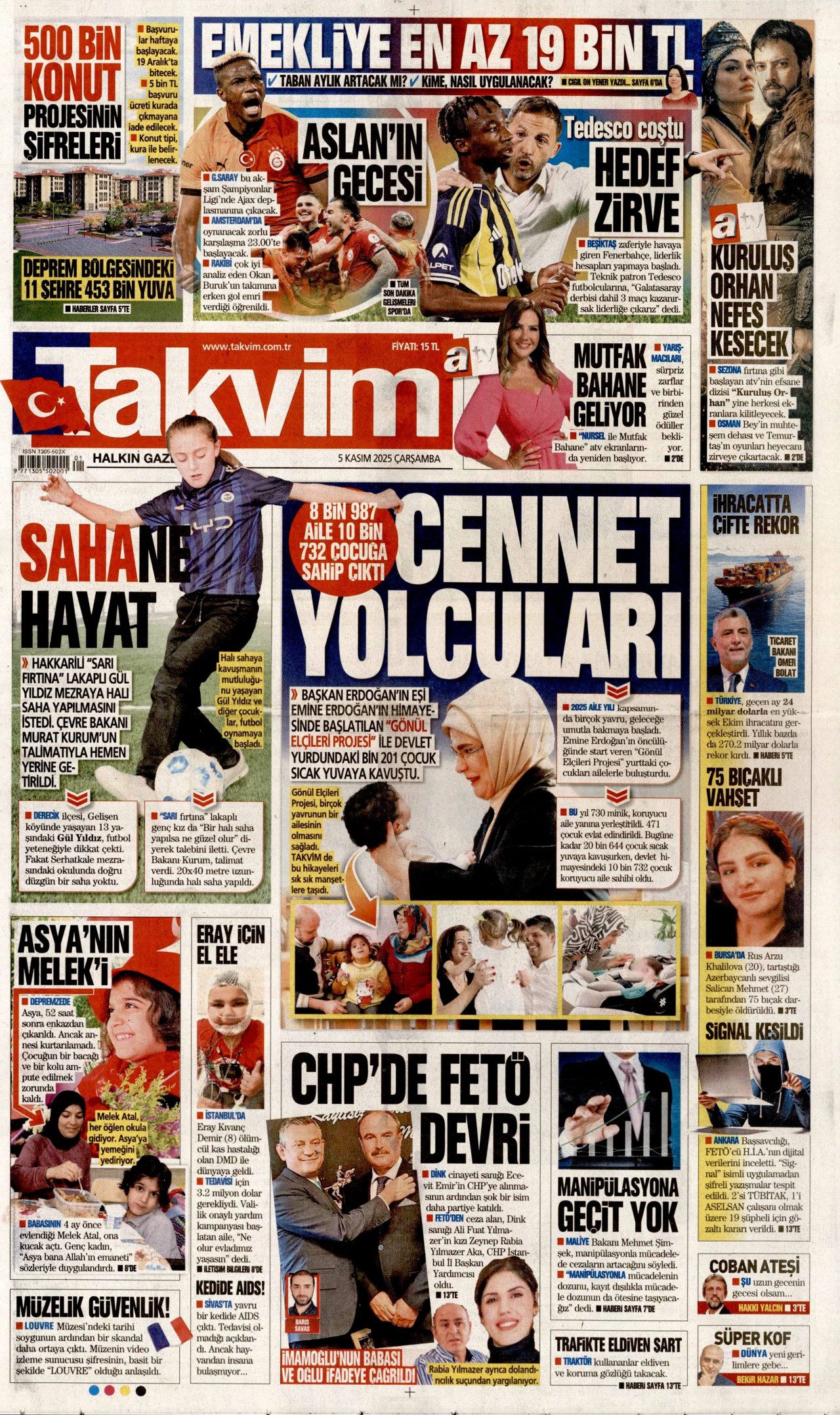 TAKVİM gazetesinin 5 Kasım 2025 tarihli birinci sayfası