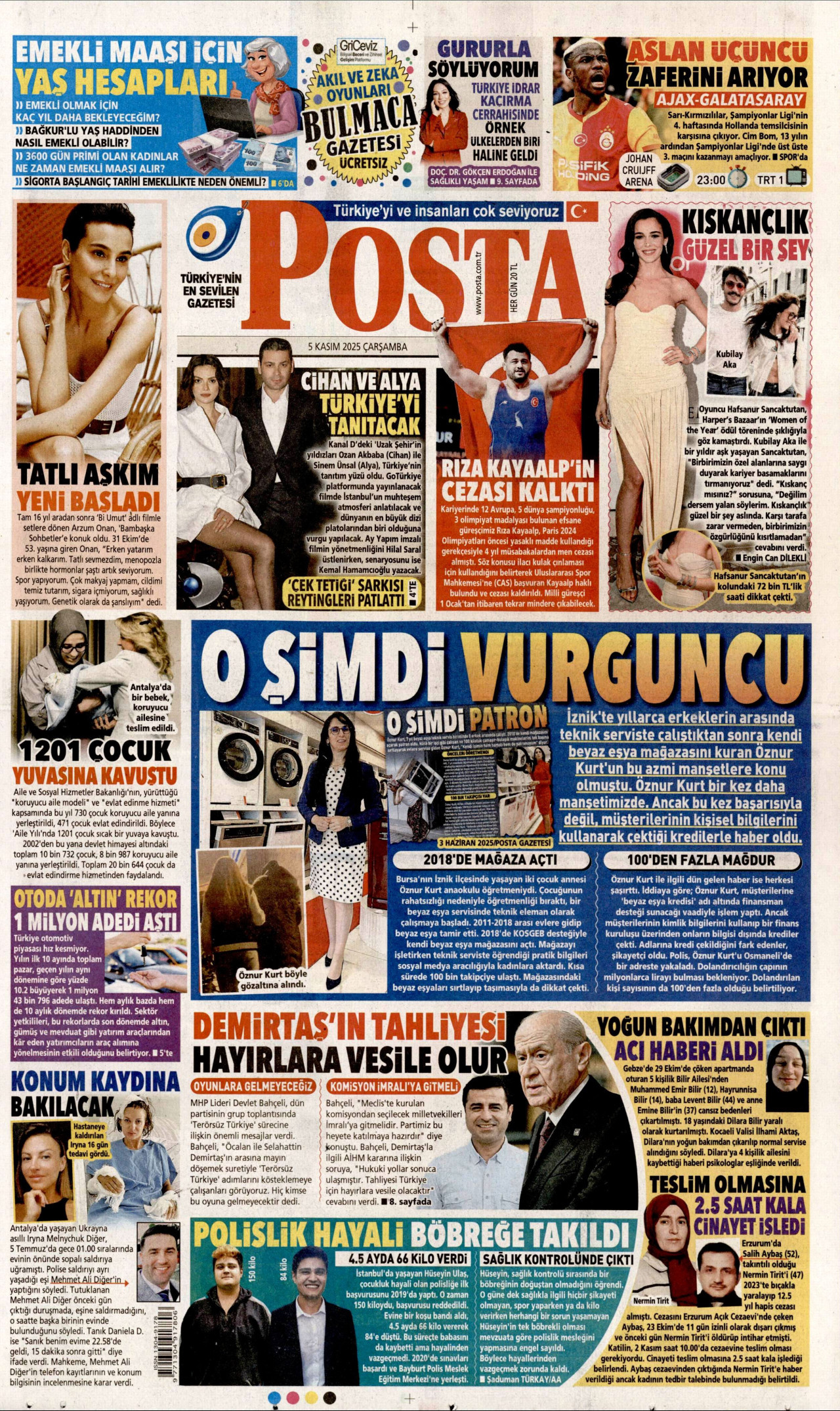 POSTA gazetesinin 5 Kasım 2025 tarihli birinci sayfası