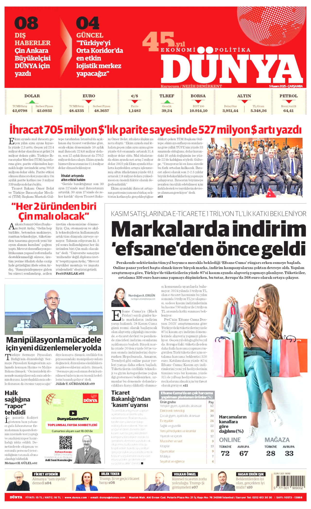 DÜNYA gazetesinin 5 Kasım 2025 tarihli birinci sayfası