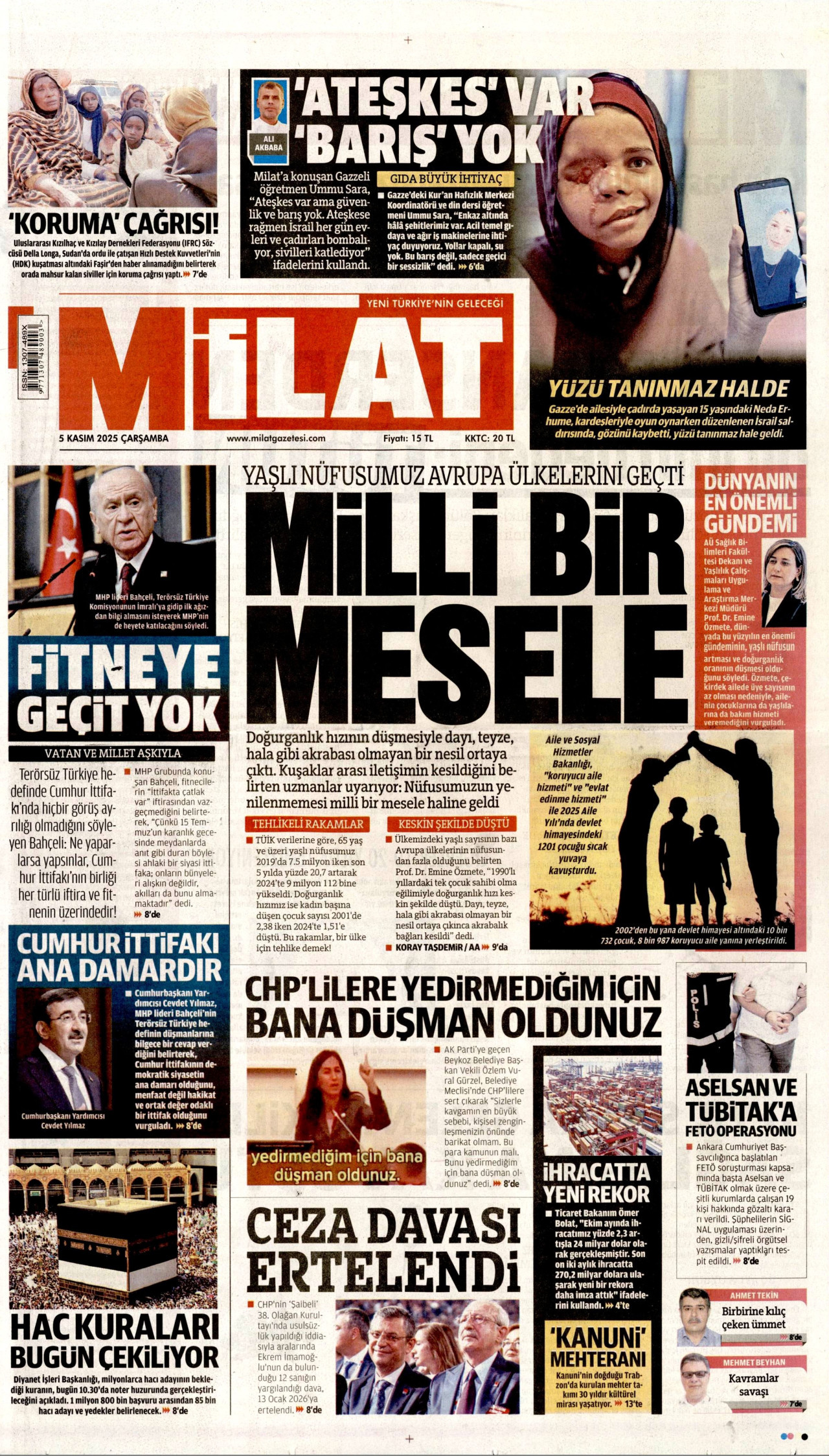 MİLAT gazetesinin 5 Kasım 2025 tarihli birinci sayfası