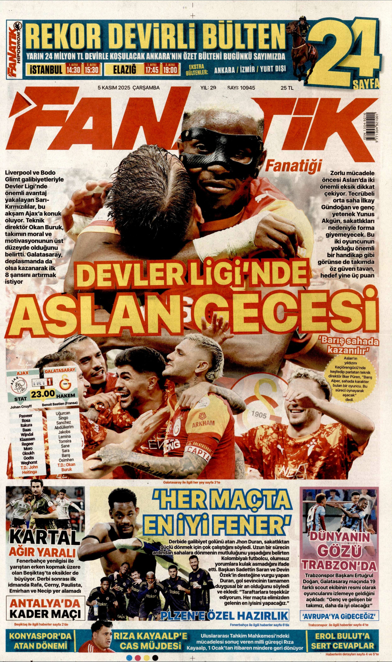 FANATİK gazetesinin 5 Kasım 2025 tarihli birinci sayfası