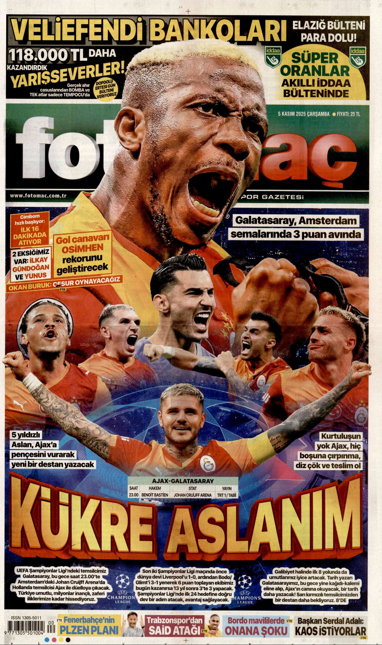 FOTOMAÇ gazetesinin 5 Kasım 2025 tarihli birinci sayfası