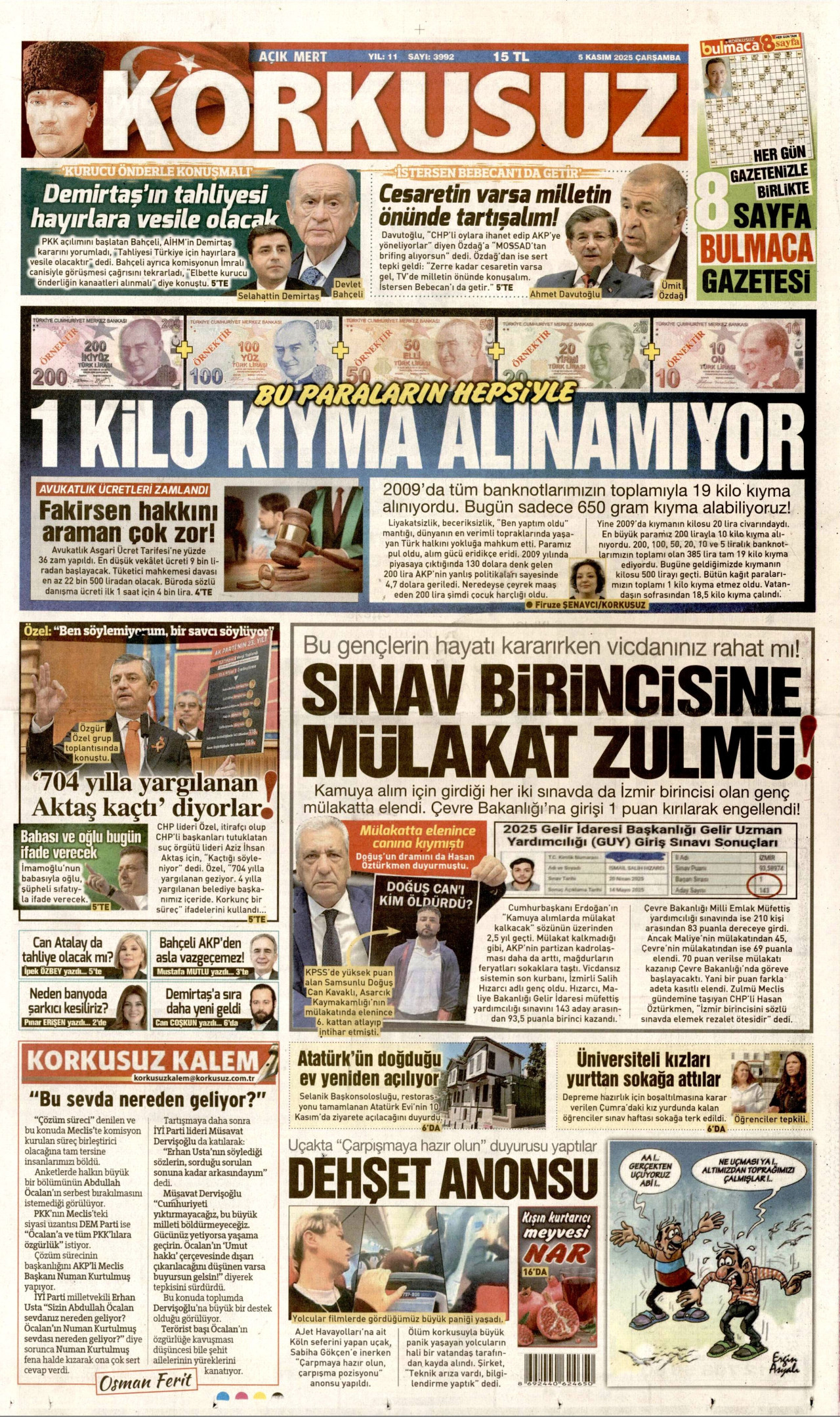 KORKUSUZ gazetesinin 5 Kasım 2025 tarihli birinci sayfası