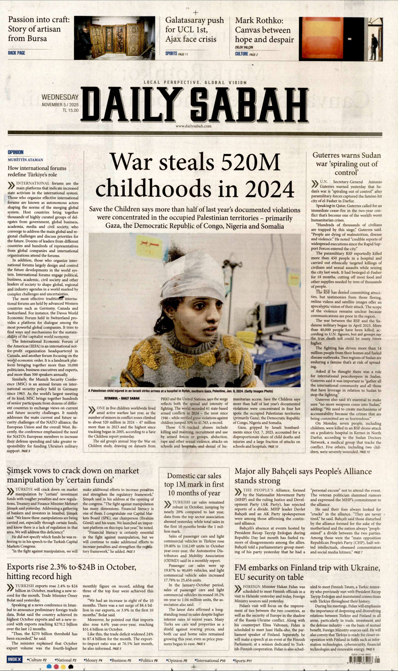 DAİLY SABAH gazetesinin 5 Kasım 2025 tarihli birinci sayfası