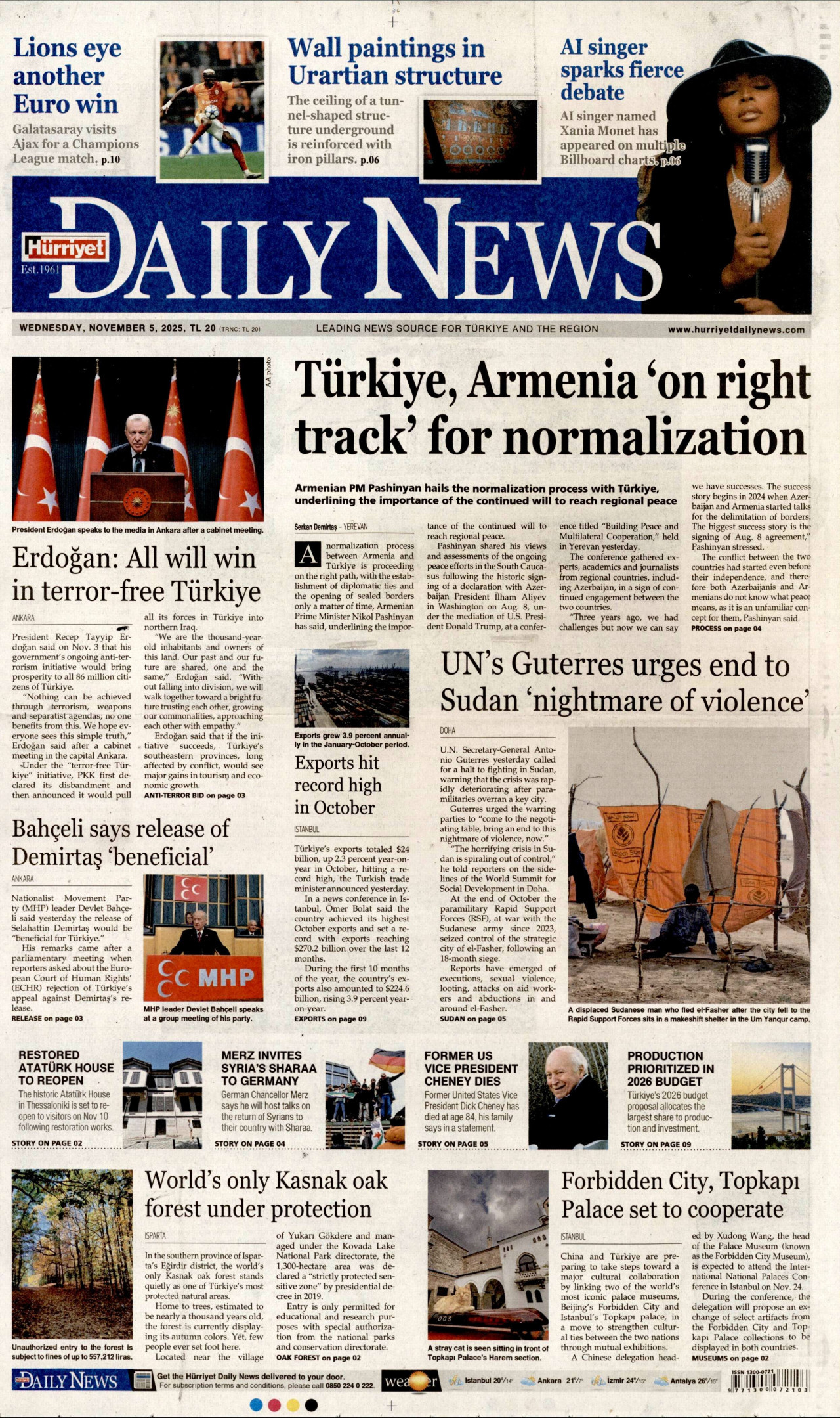 HÜRRİYET DAİLY NEWS gazetesinin 5 Kasım 2025 tarihli birinci sayfası