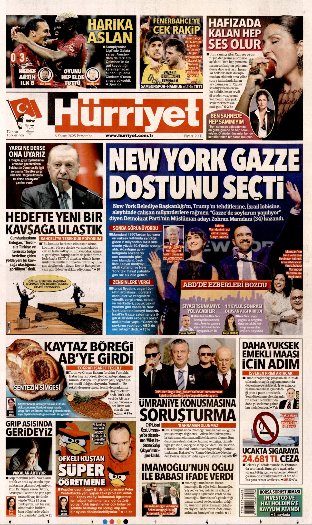 HÜRRİYET gazetesinin 6 Kasım 2025 tarihli birinci sayfası