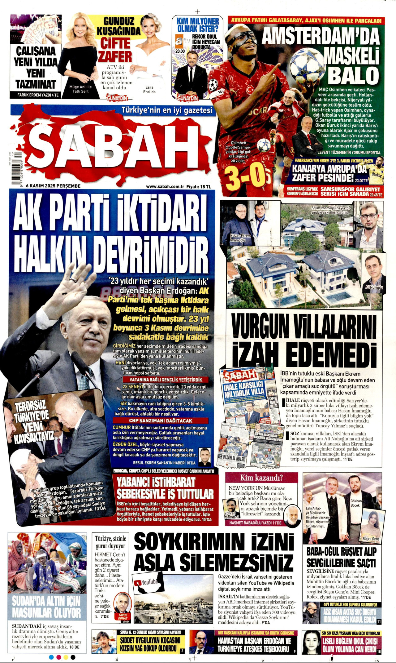 SABAH gazetesinin 6 Kasım 2025 tarihli birinci sayfası