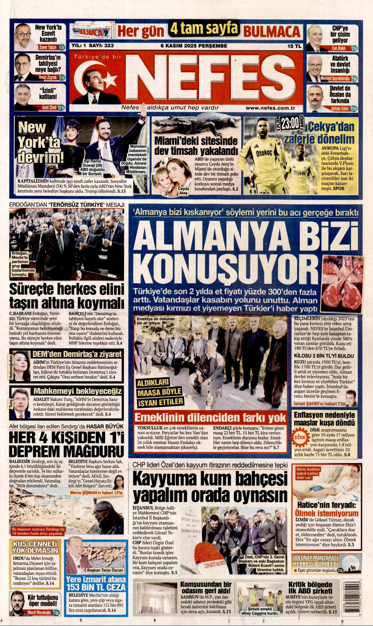 NEFES gazetesinin 6 Kasım 2025 tarihli birinci sayfası