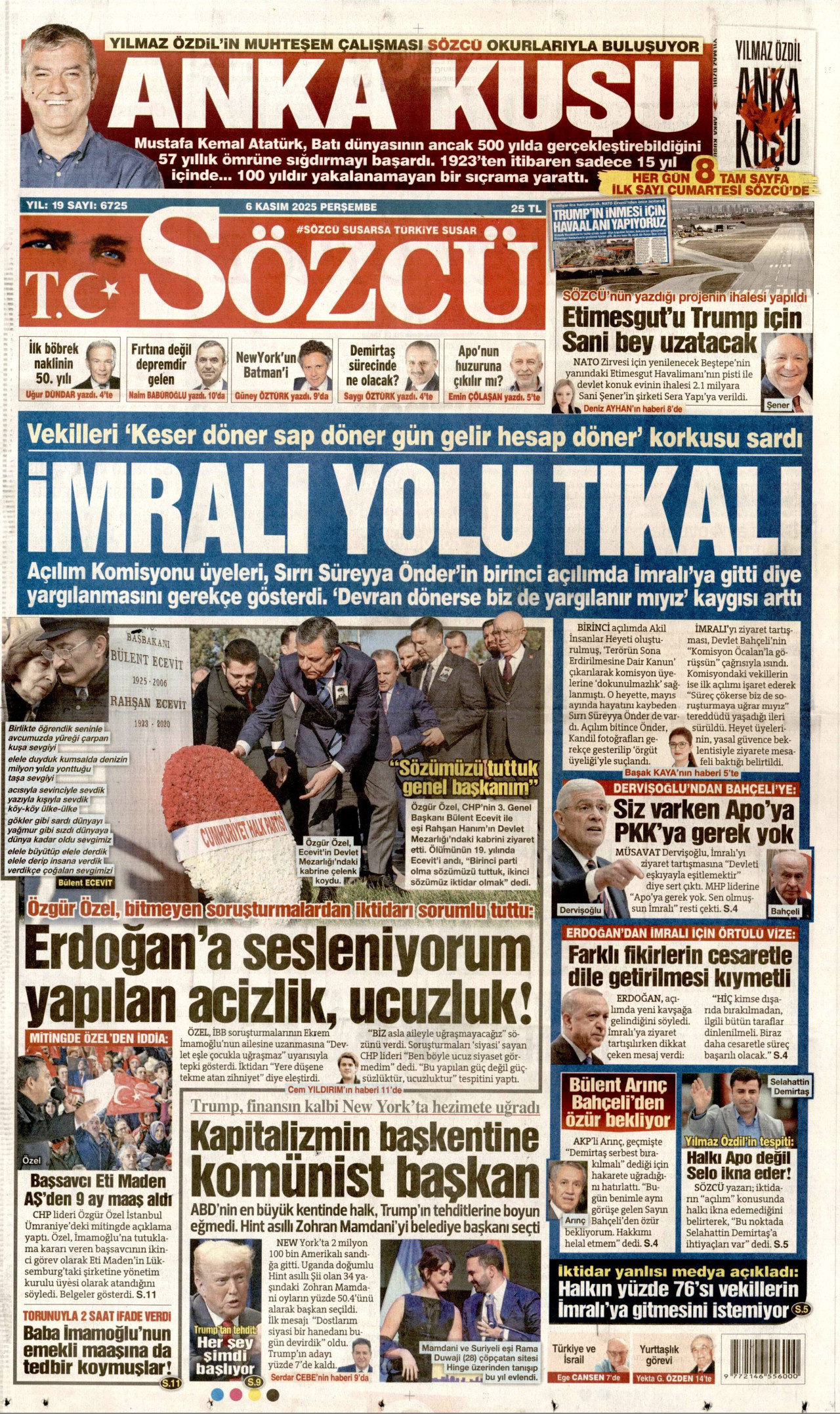 SÖZCÜ gazetesinin 6 Kasım 2025 tarihli birinci sayfası
