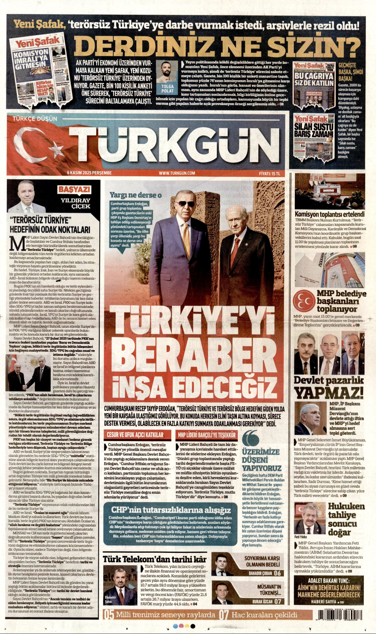 TÜRKGÜN gazetesinin 6 Kasım 2025 tarihli birinci sayfası