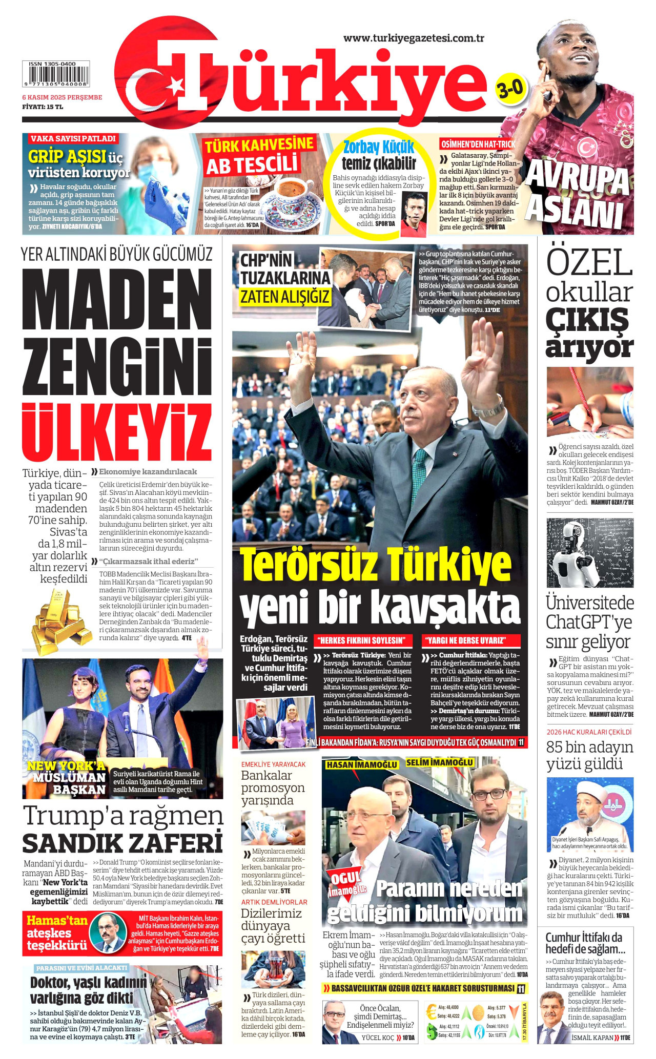 TÜRKİYE GAZETESİ gazetesinin 6 Kasım 2025 tarihli birinci sayfası