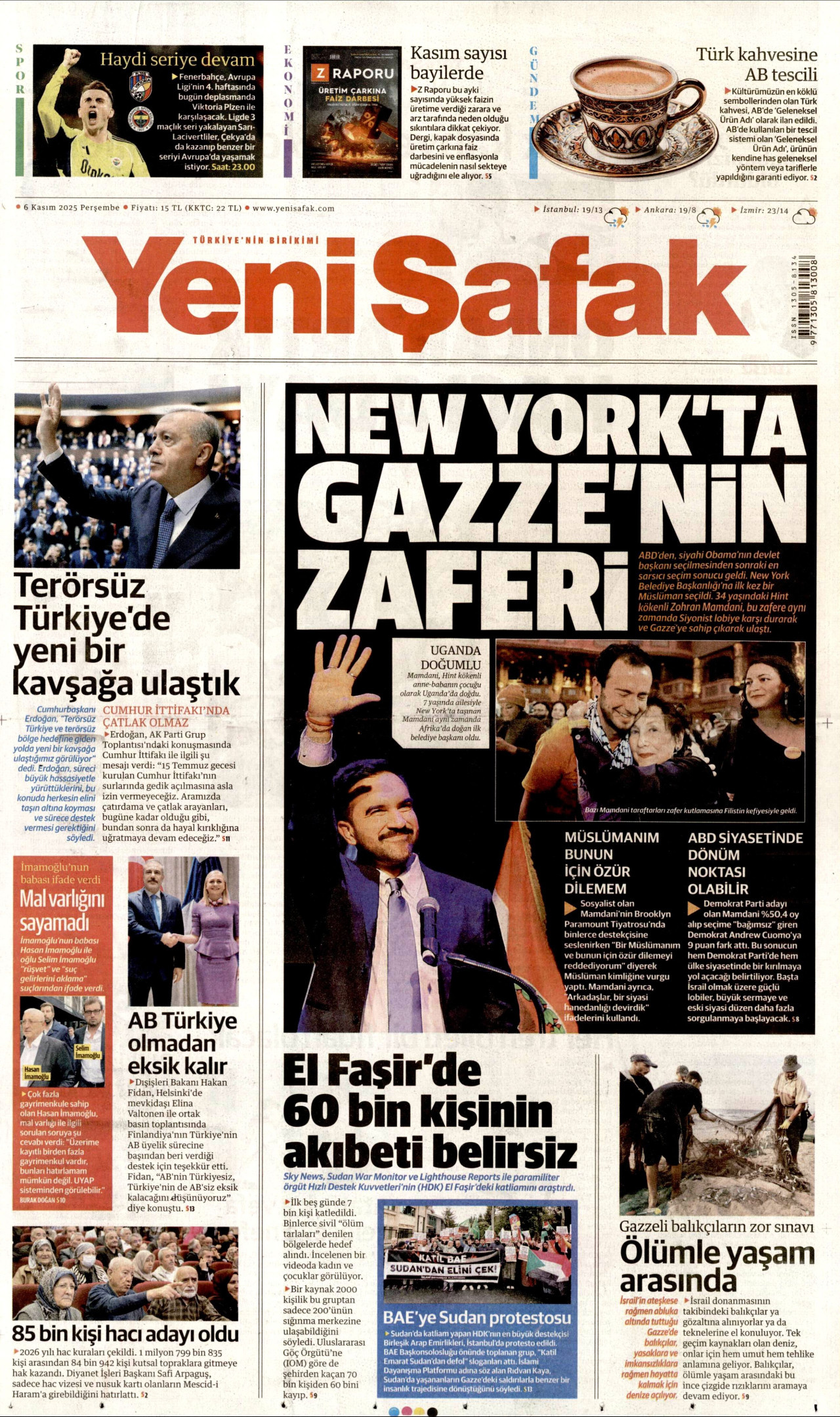 YENİ ŞAFAK gazetesinin 6 Kasım 2025 tarihli birinci sayfası
