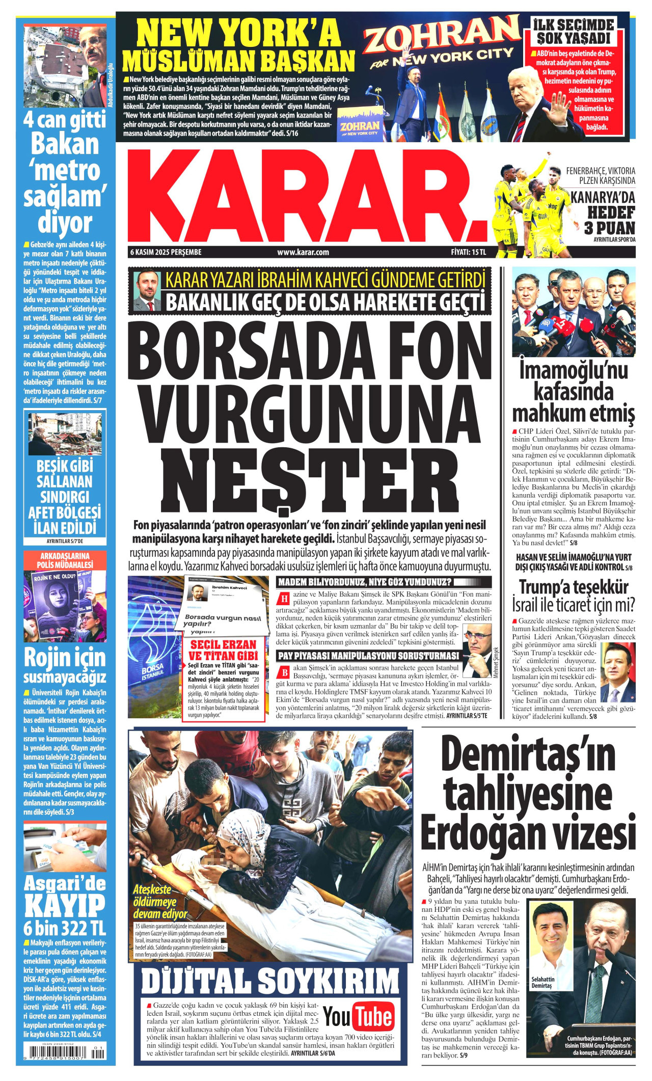 KARAR gazetesinin 6 Kasım 2025 tarihli birinci sayfası