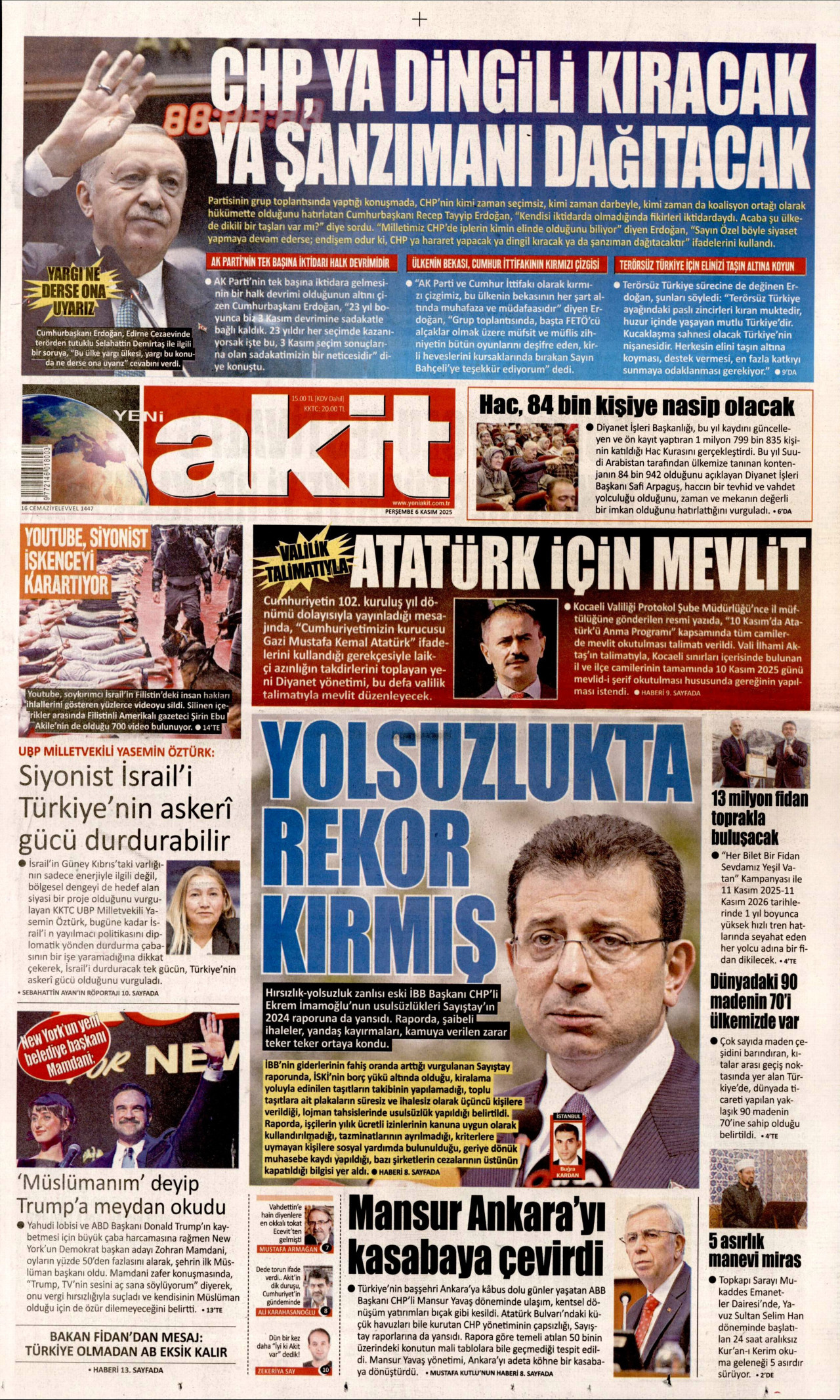 YENİ AKİT gazetesinin 6 Kasım 2025 tarihli birinci sayfası