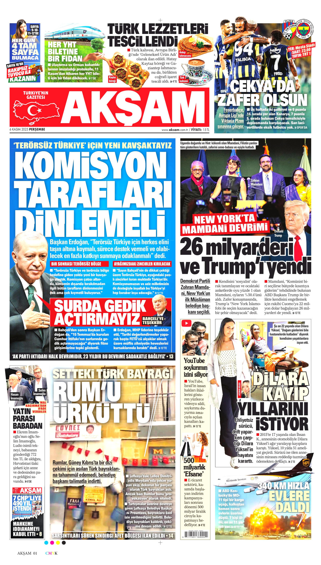 AKŞAM gazetesinin 6 Kasım 2025 tarihli birinci sayfası