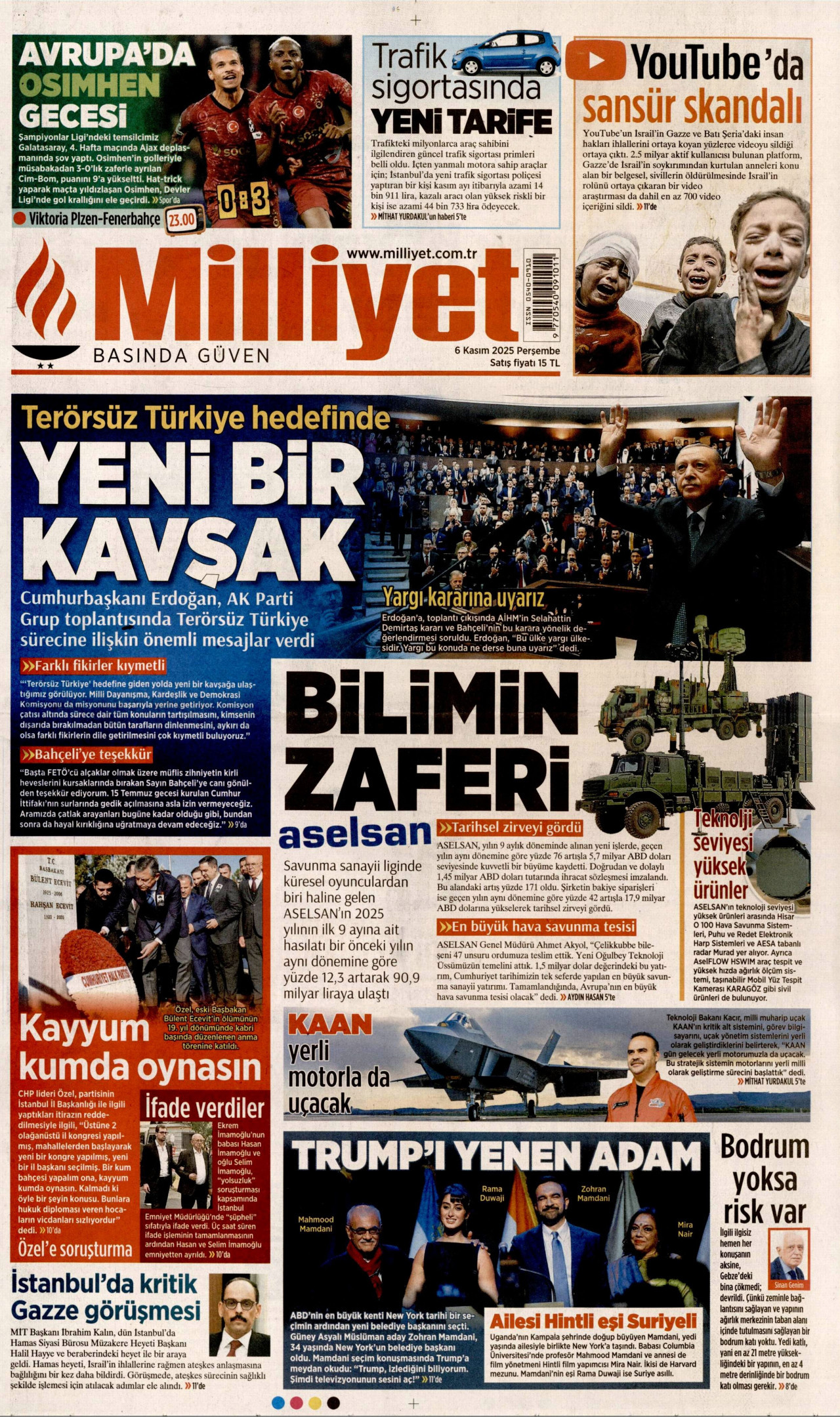 MİLLİYET gazetesinin 6 Kasım 2025 tarihli birinci sayfası