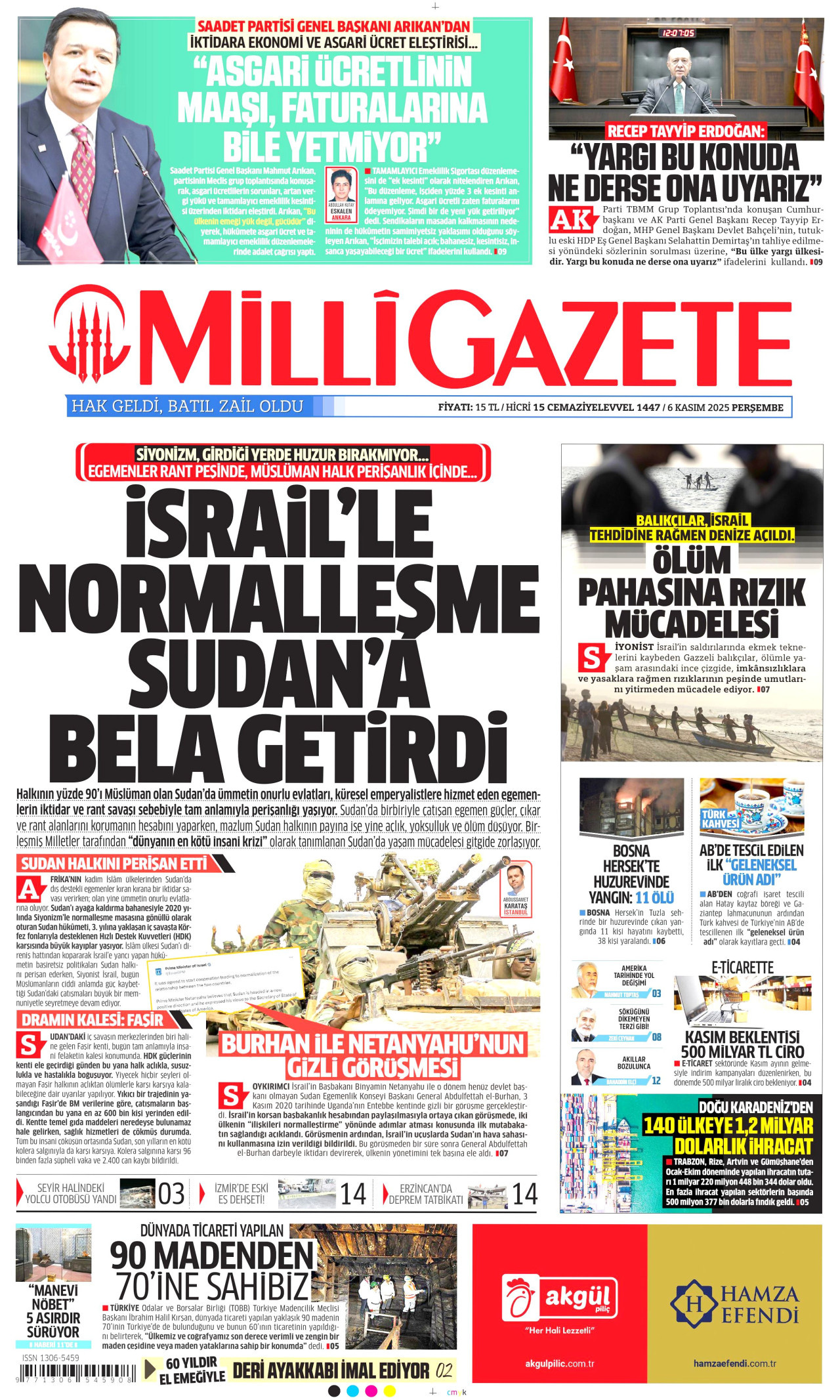 MİLLİ GAZETE gazetesinin 6 Kasım 2025 tarihli birinci sayfası