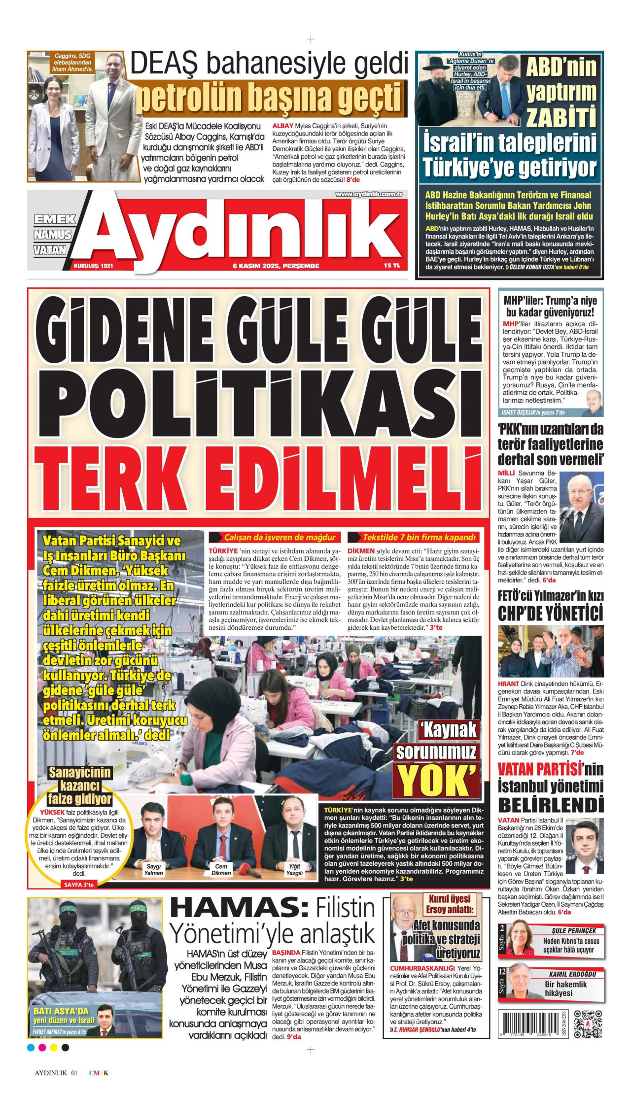 AYDINLIK GAZETESİ gazetesinin 6 Kasım 2025 tarihli birinci sayfası