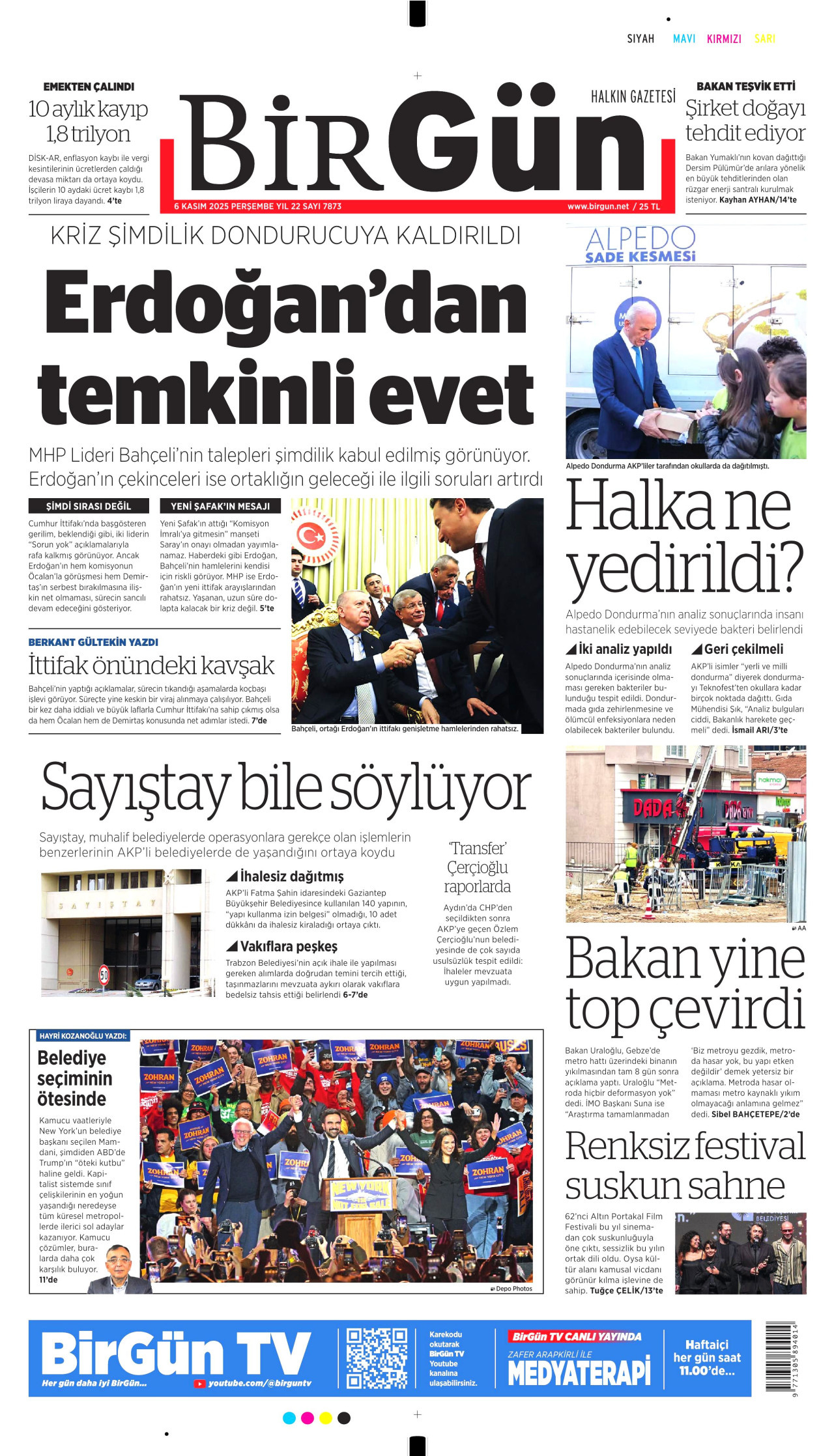 BİRGÜN gazetesinin 6 Kasım 2025 tarihli birinci sayfası