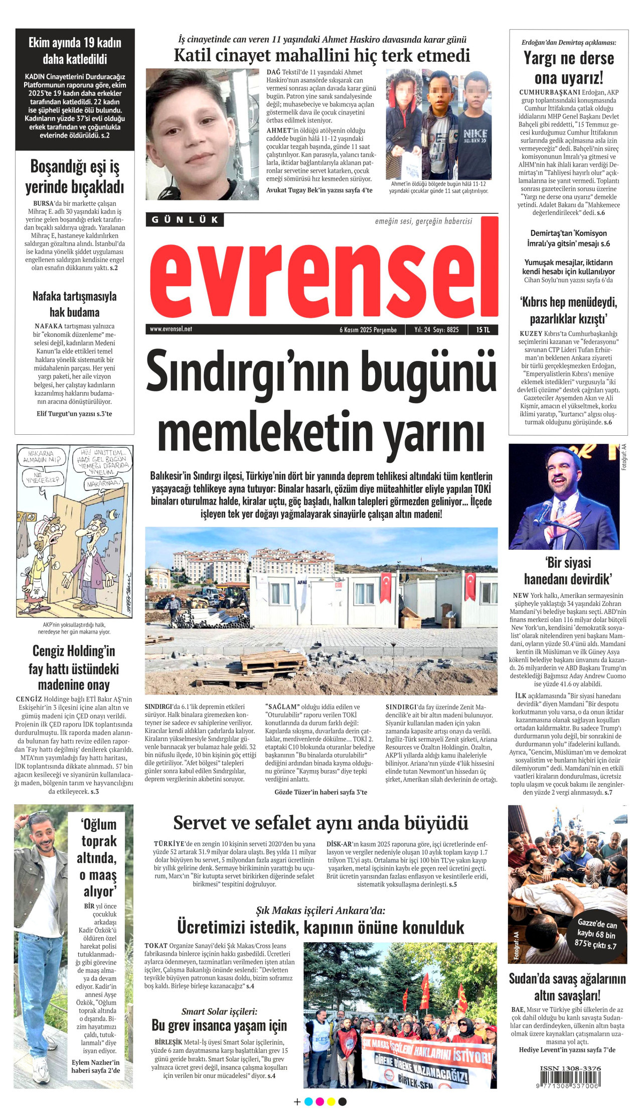 EVRENSEL gazetesinin 6 Kasım 2025 tarihli birinci sayfası