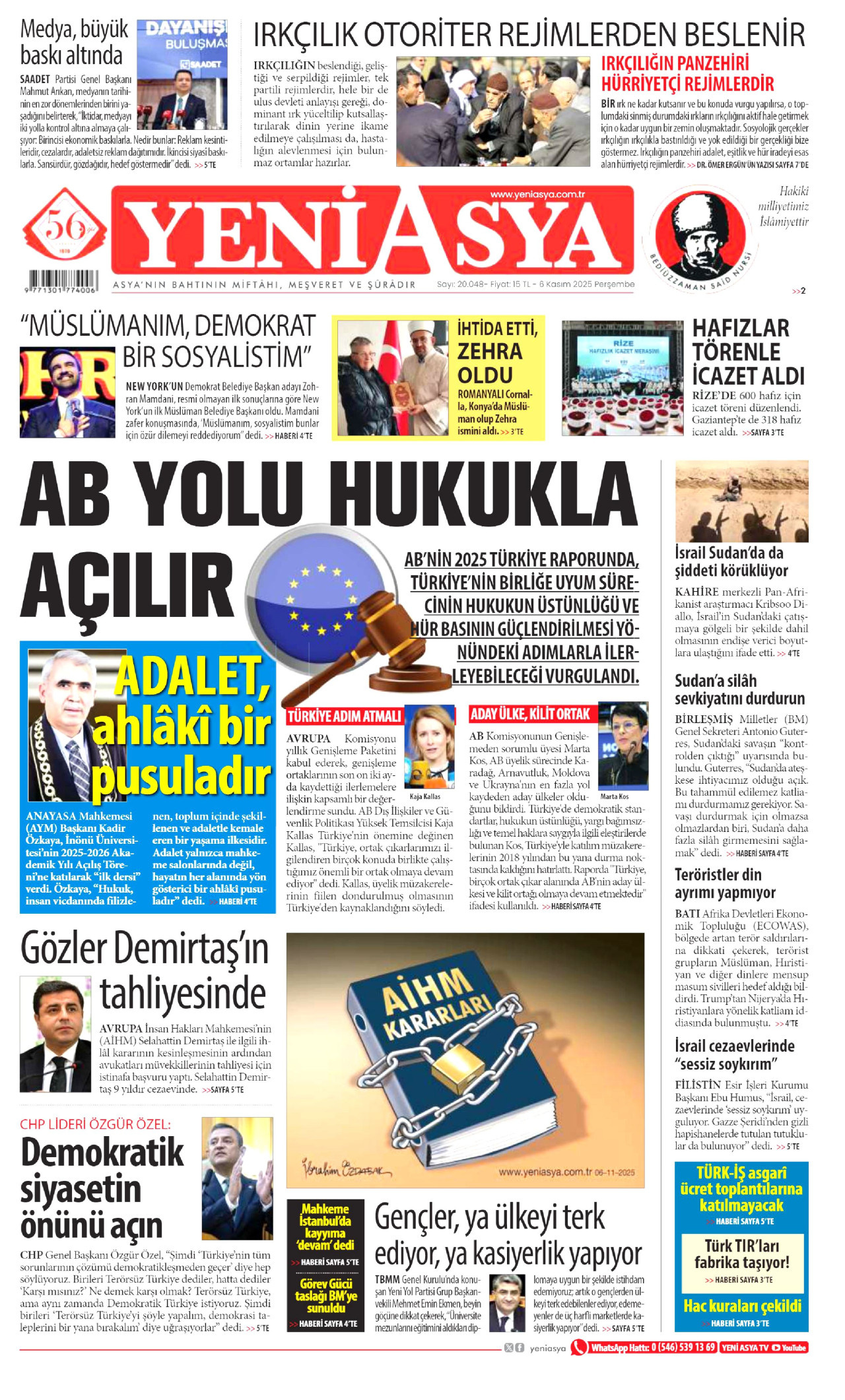 YENİ ASYA gazetesinin 6 Kasım 2025 tarihli birinci sayfası