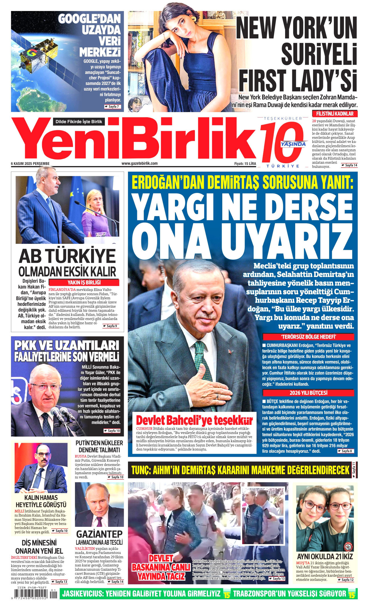 YENİBİRLİK gazetesinin 6 Kasım 2025 tarihli birinci sayfası