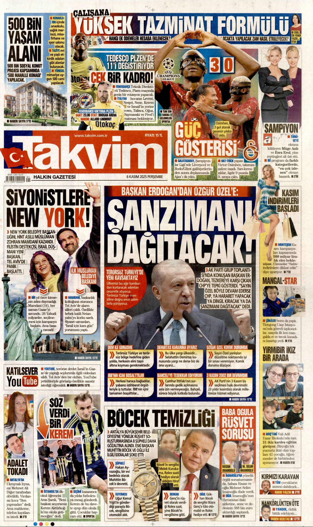 TAKVİM gazetesinin 6 Kasım 2025 tarihli birinci sayfası