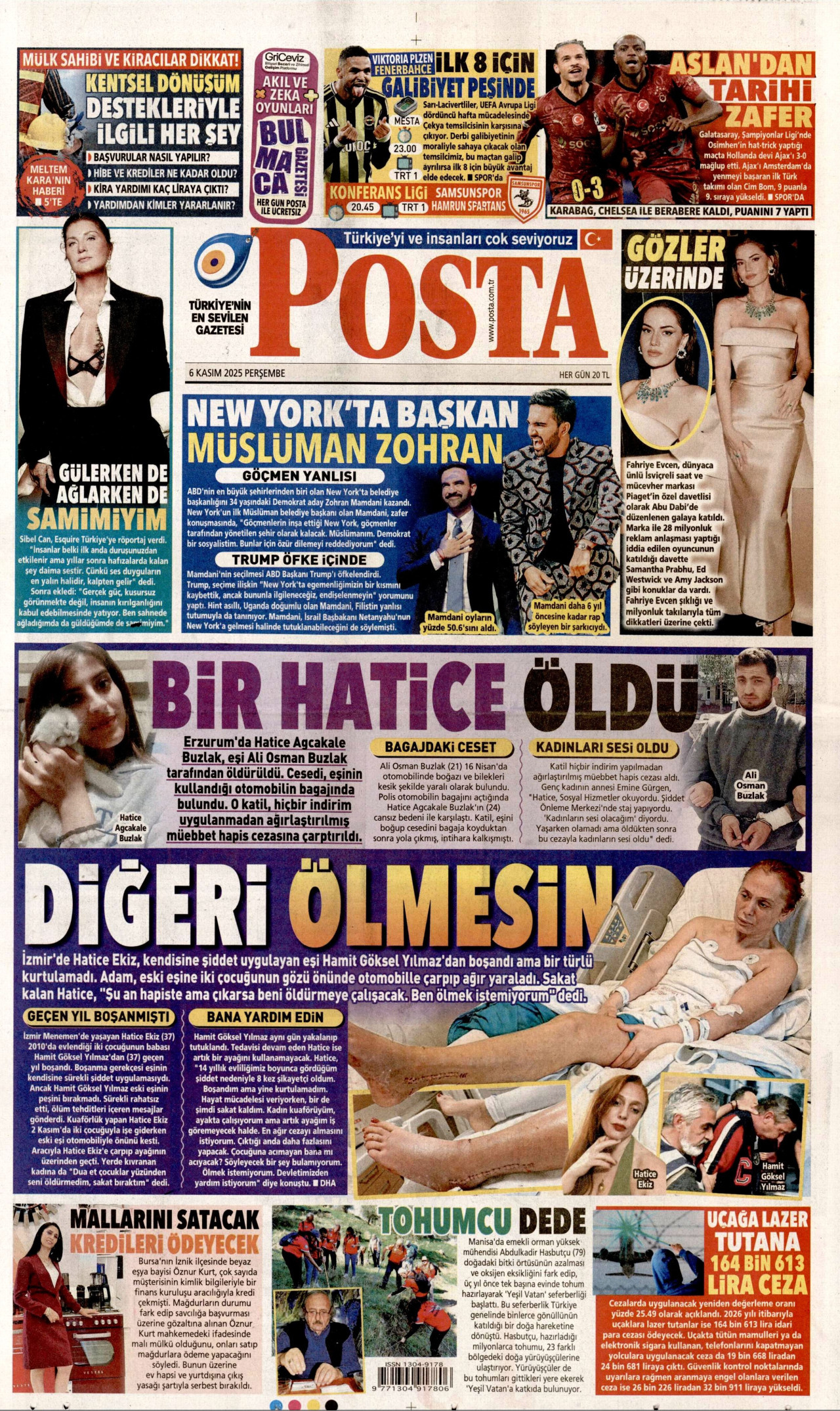 POSTA gazetesinin 6 Kasım 2025 tarihli birinci sayfası
