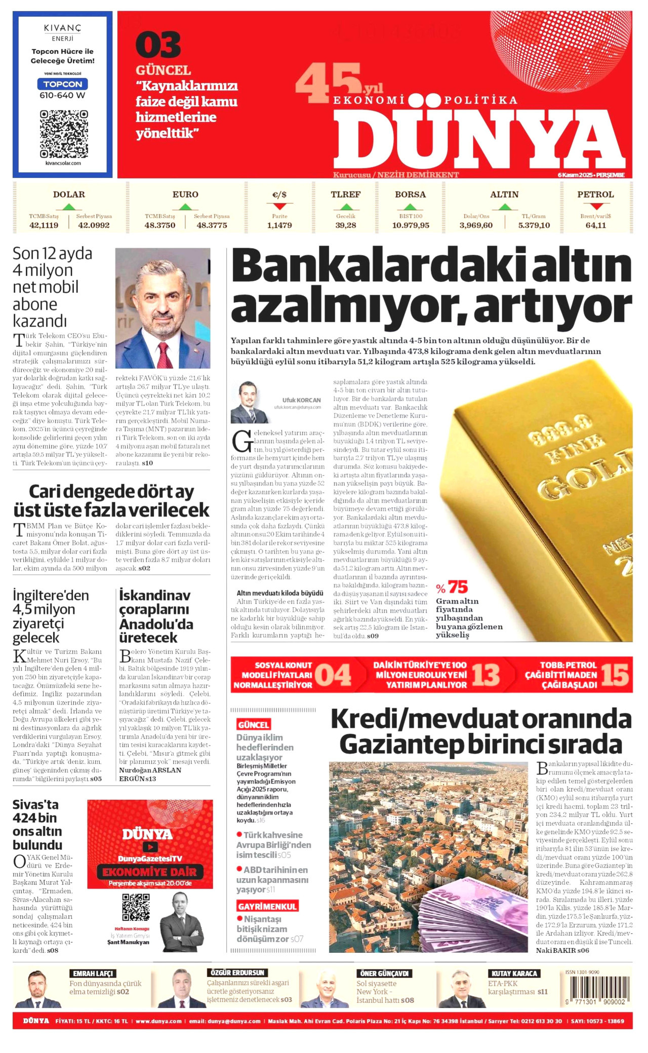 DÜNYA gazetesinin 6 Kasım 2025 tarihli birinci sayfası