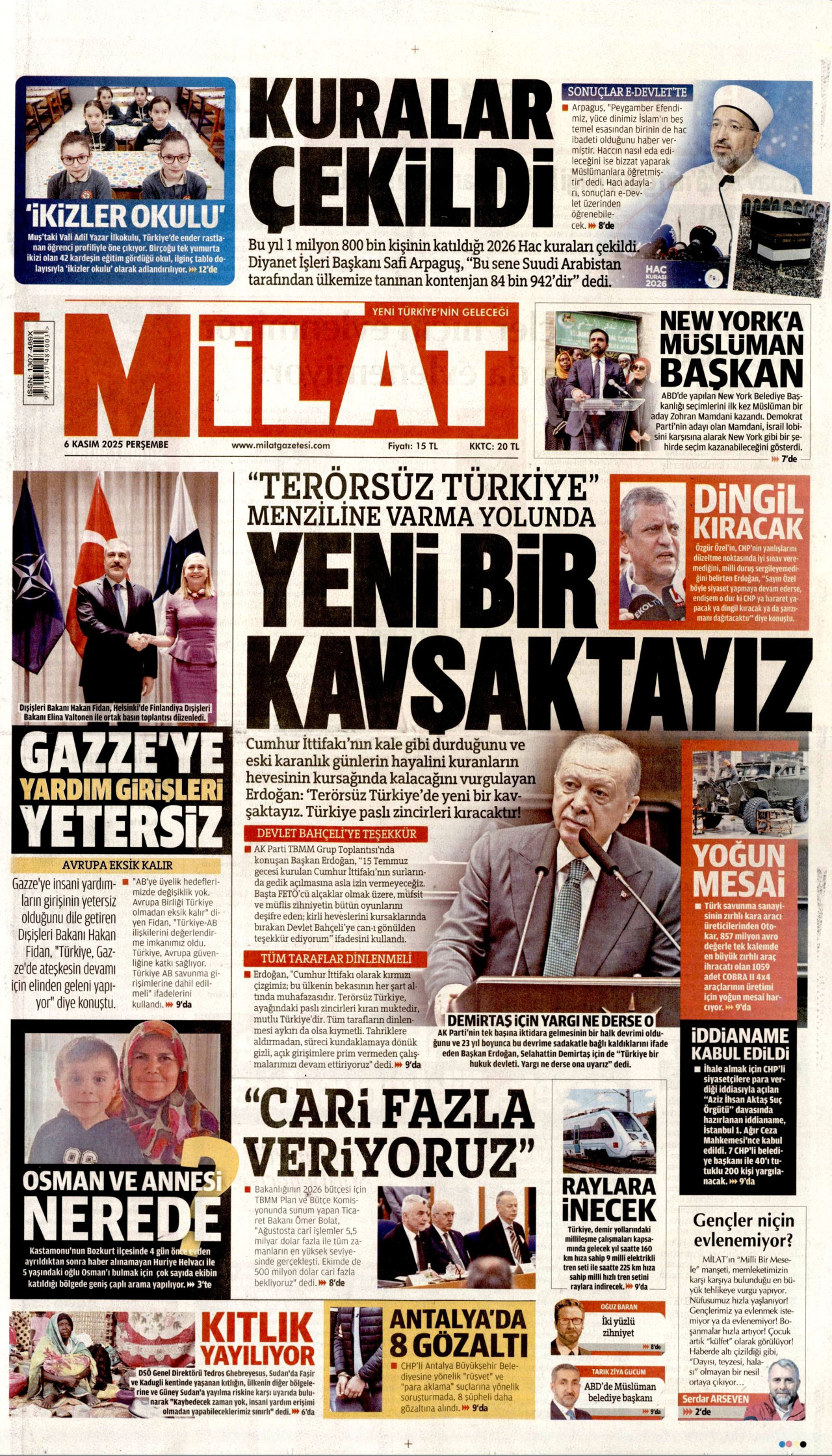 MİLAT gazetesinin 6 Kasım 2025 tarihli birinci sayfası