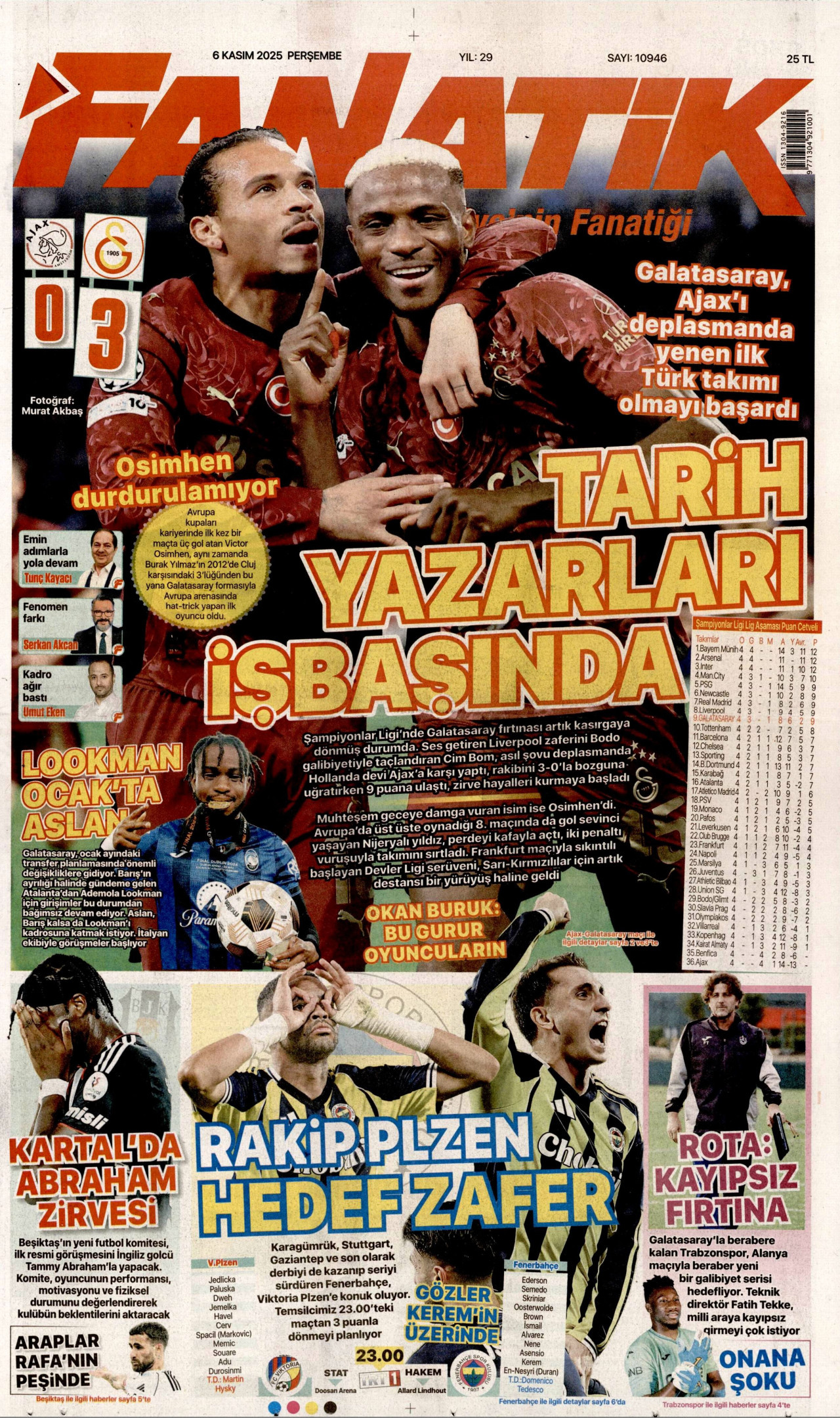 FANATİK gazetesinin 6 Kasım 2025 tarihli birinci sayfası