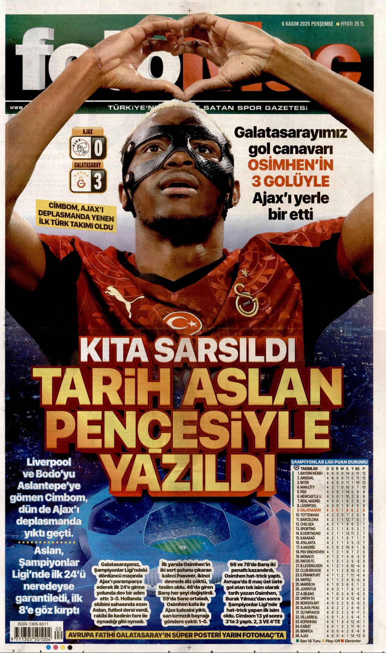 FOTOMAÇ gazetesinin 6 Kasım 2025 tarihli birinci sayfası