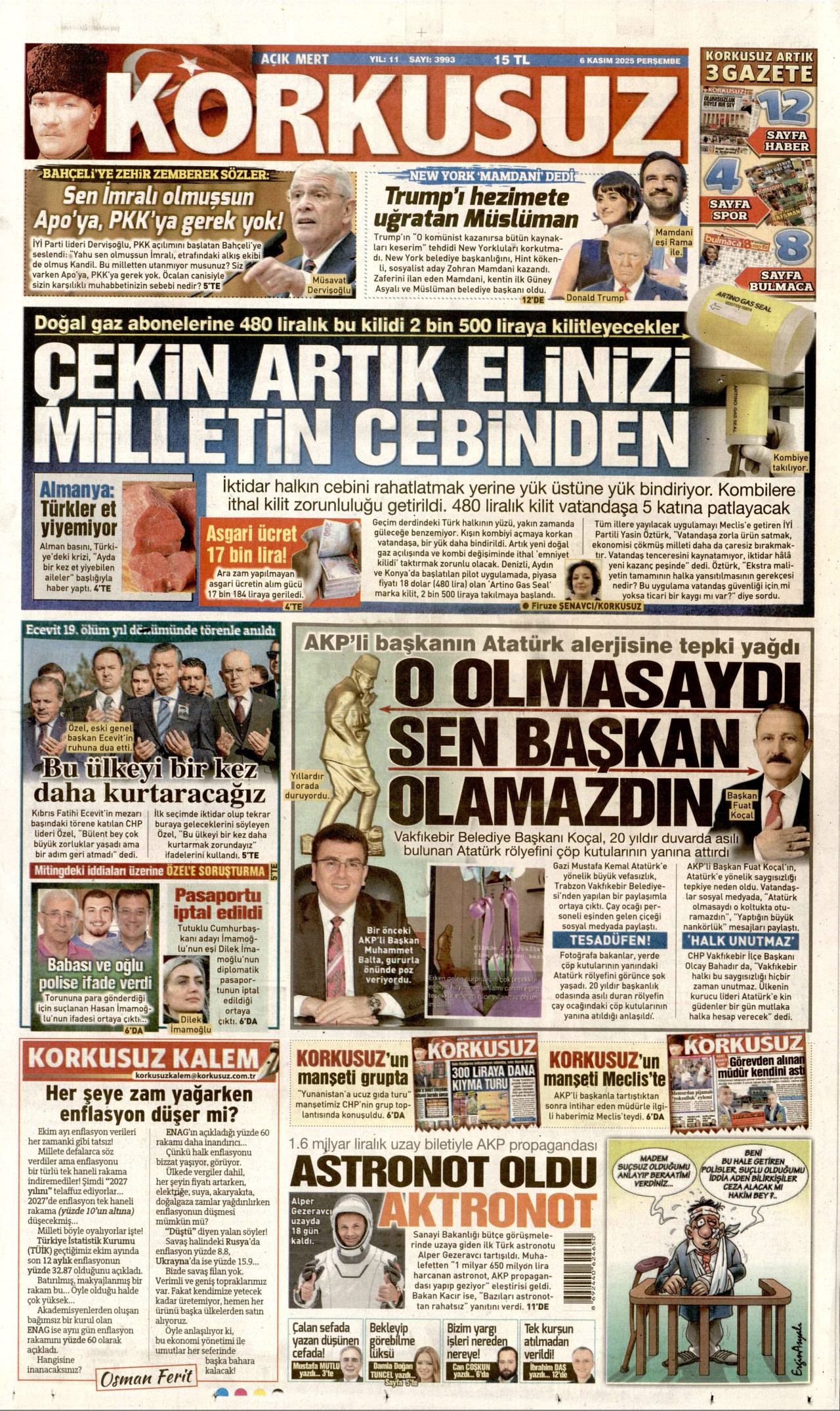 KORKUSUZ gazetesinin 6 Kasım 2025 tarihli birinci sayfası