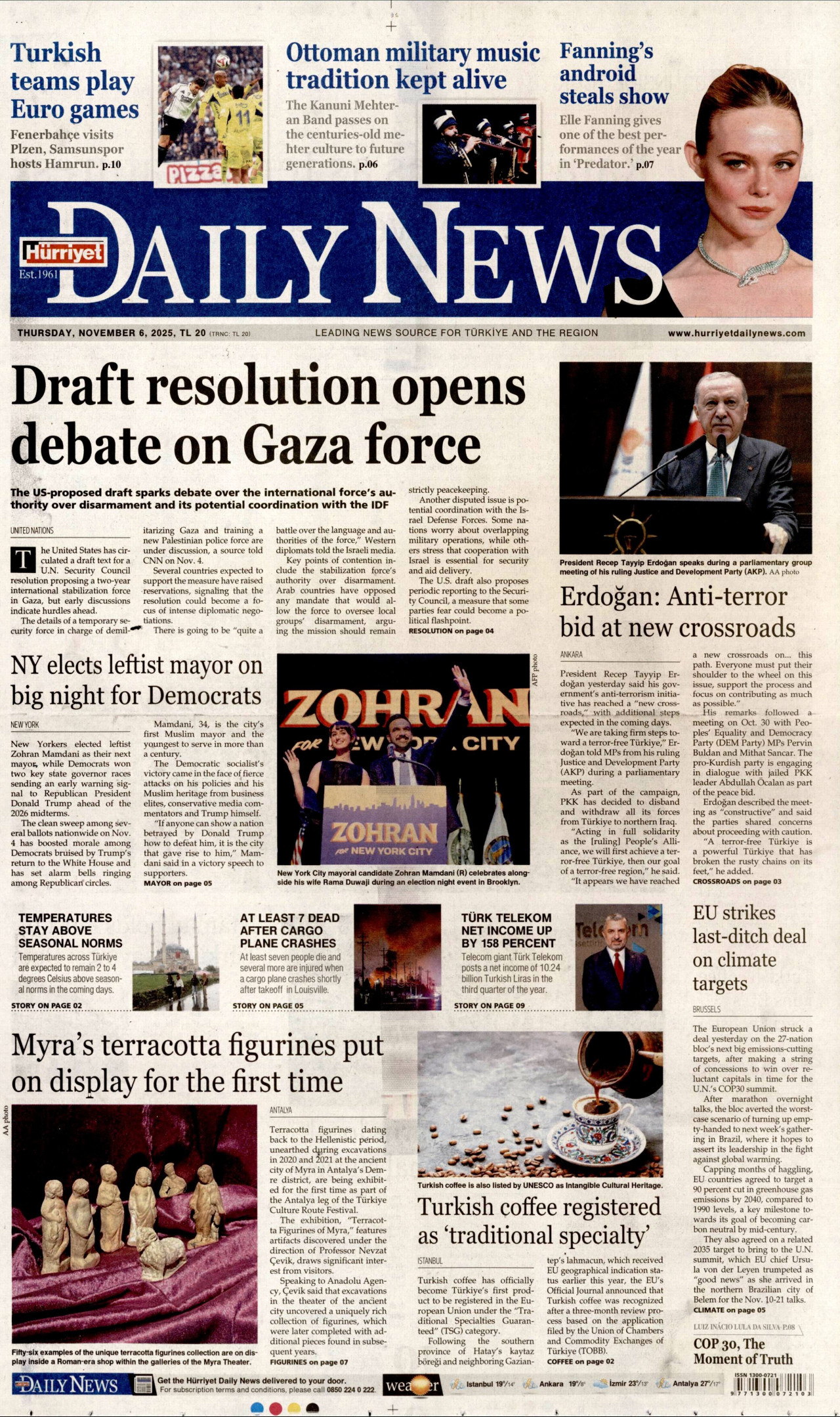 HÜRRİYET DAİLY NEWS gazetesinin 6 Kasım 2025 tarihli birinci sayfası