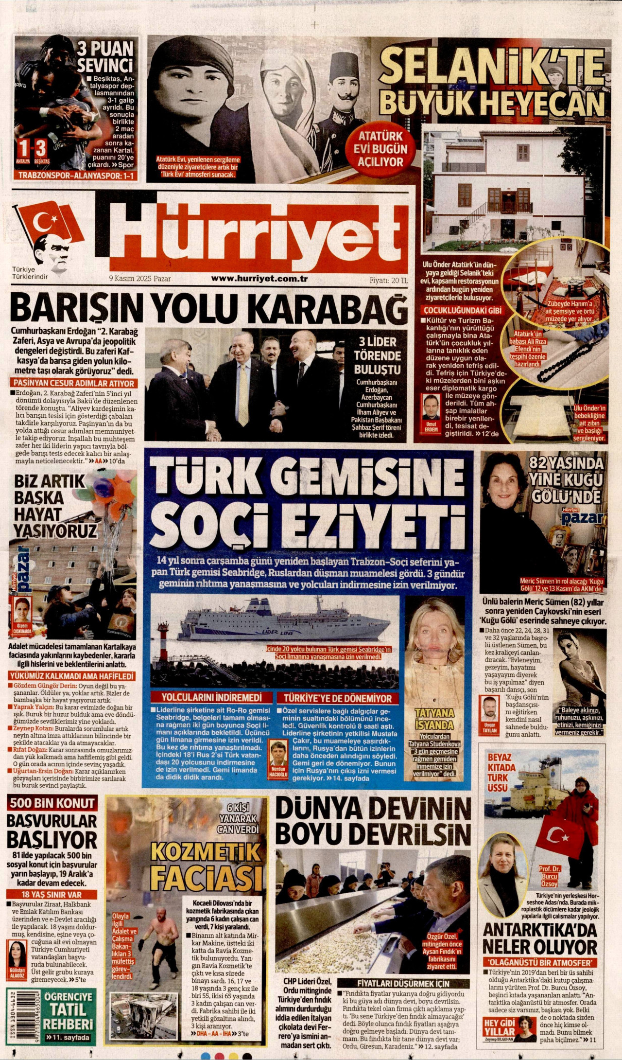 HÜRRİYET gazetesinin 9 Kasım 2025 tarihli birinci sayfası