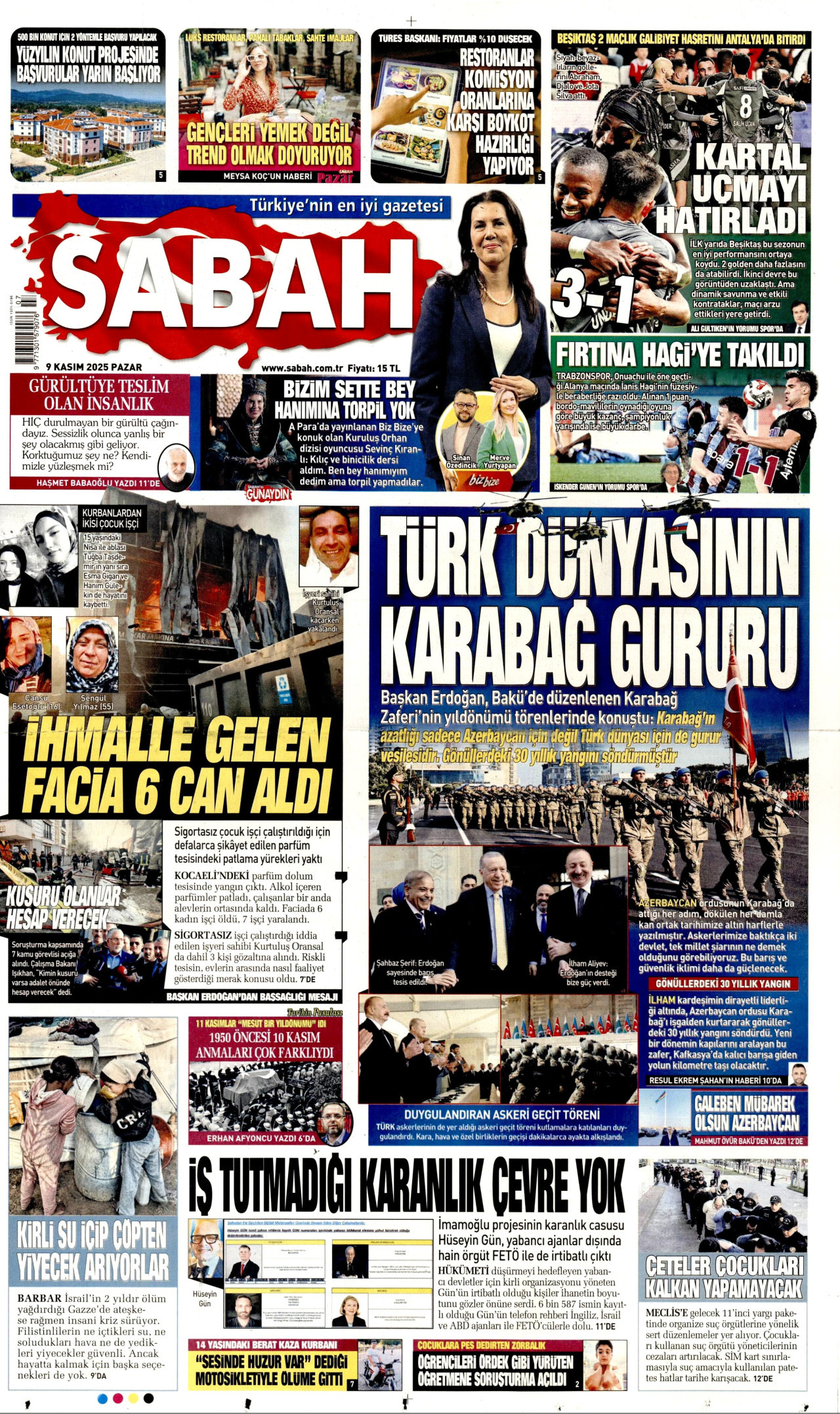 SABAH gazetesinin 9 Kasım 2025 tarihli birinci sayfası