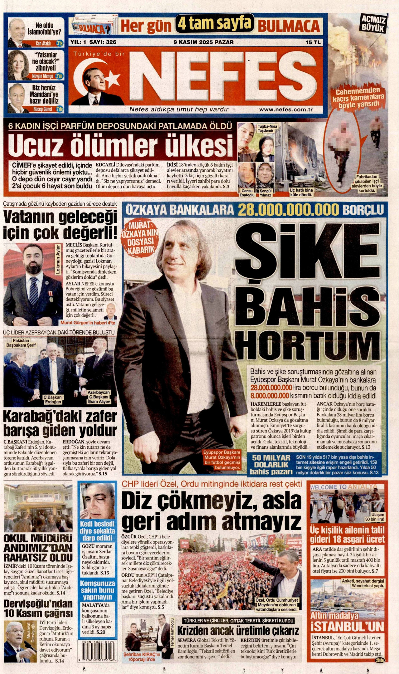 NEFES gazetesinin 9 Kasım 2025 tarihli birinci sayfası