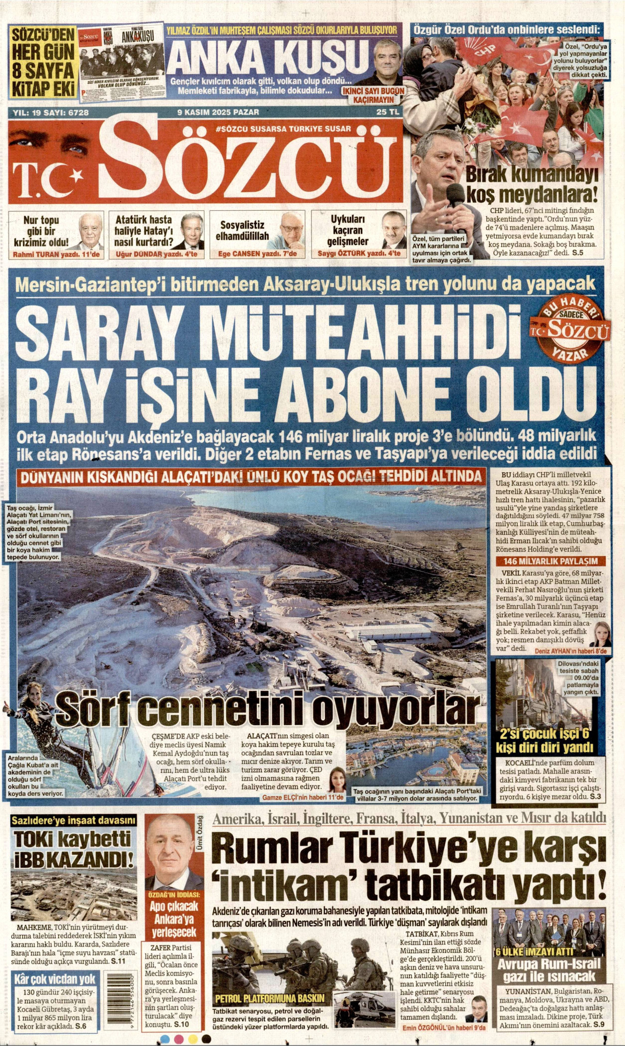 SÖZCÜ gazetesinin 9 Kasım 2025 tarihli birinci sayfası