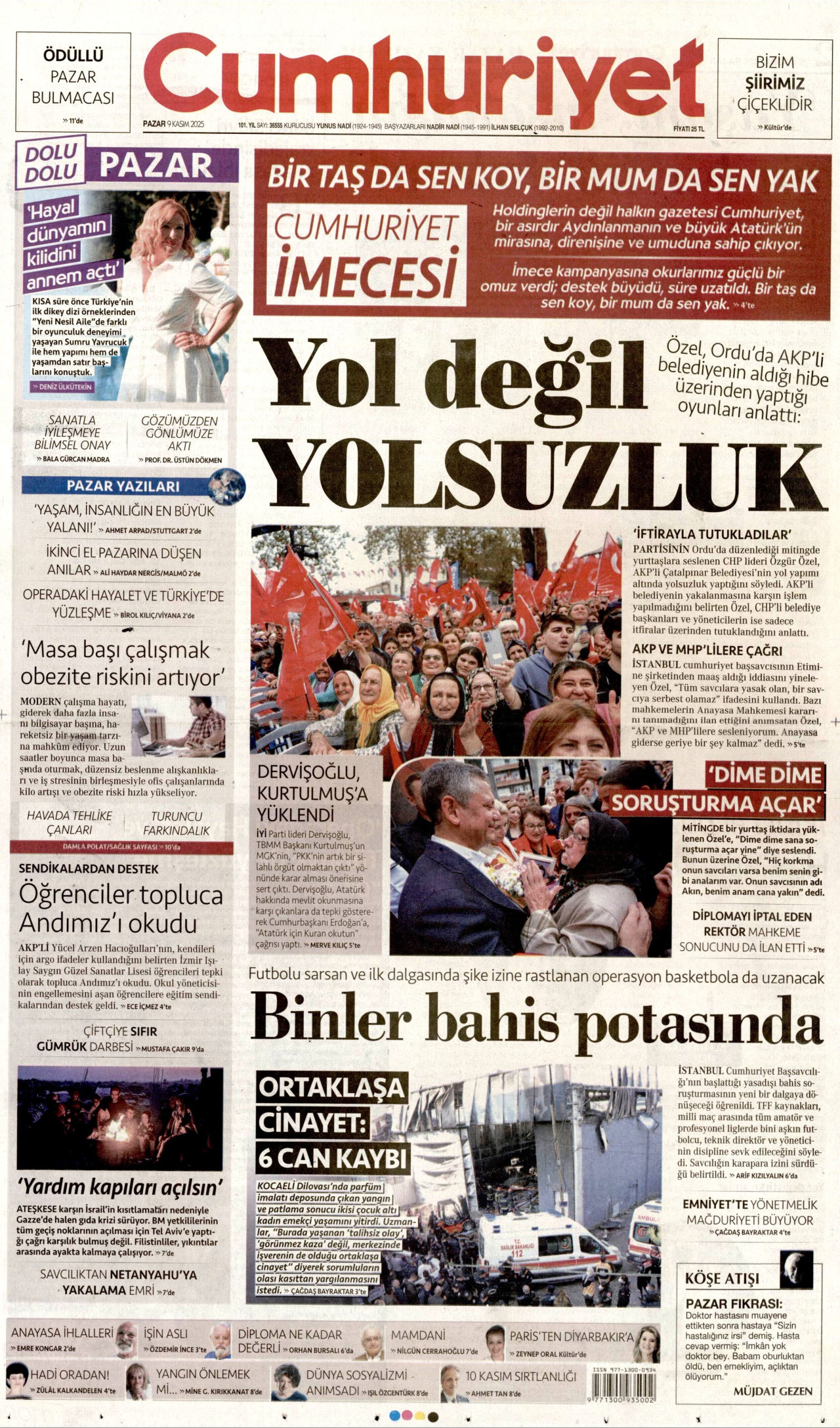 CUMHURİYET gazetesinin 9 Kasım 2025 tarihli birinci sayfası