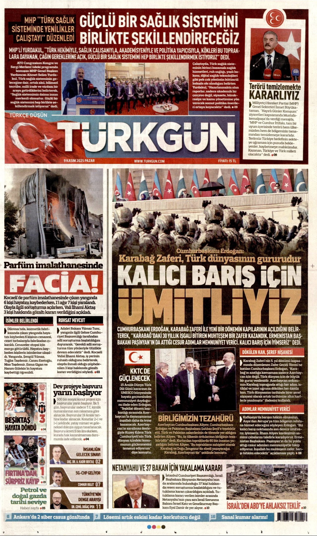 TÜRKGÜN gazetesinin 9 Kasım 2025 tarihli birinci sayfası