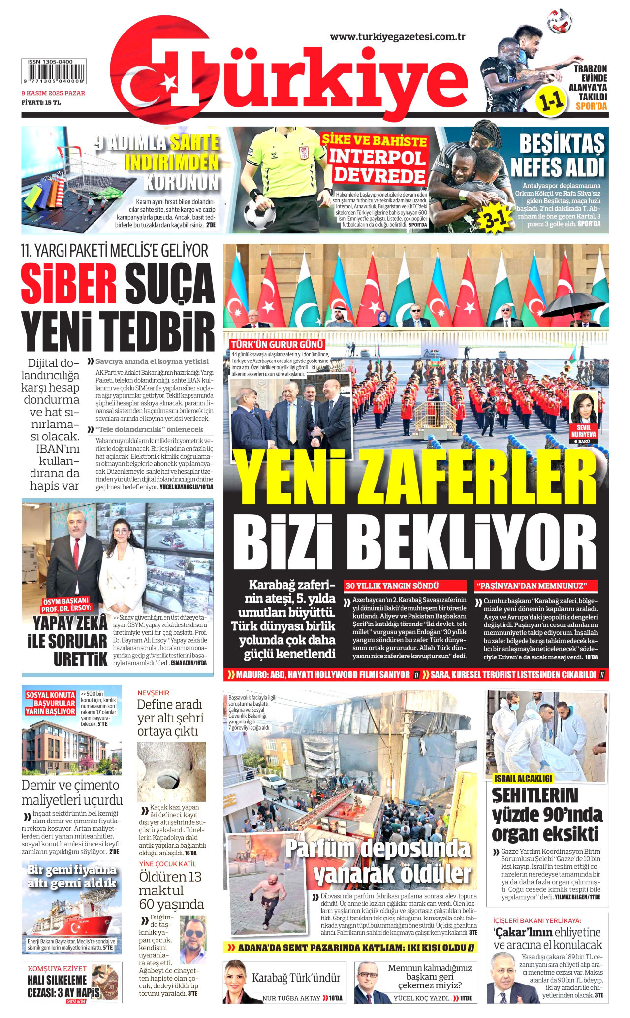 TÜRKİYE GAZETESİ gazetesinin 9 Kasım 2025 tarihli birinci sayfası