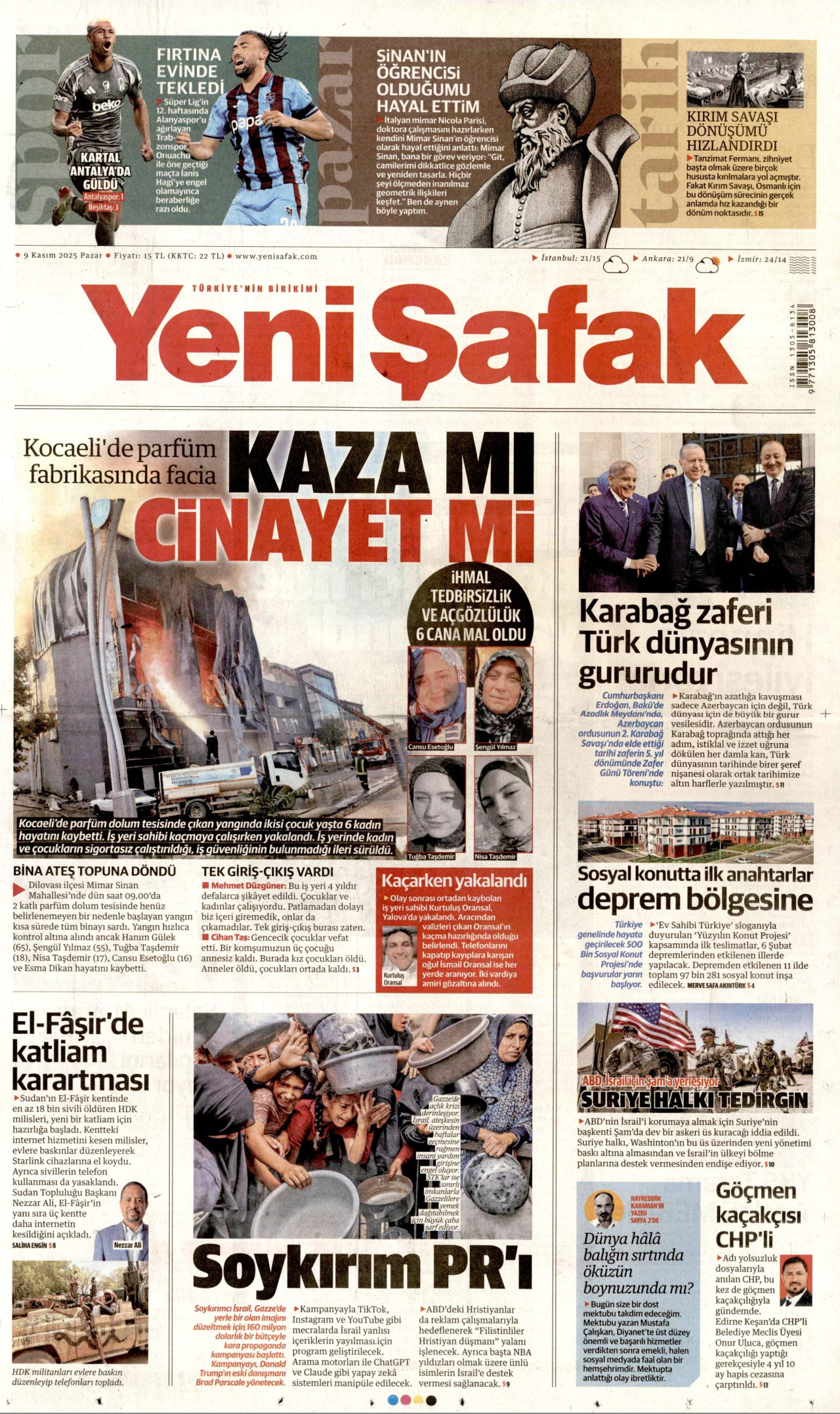 YENİ ŞAFAK gazetesinin 9 Kasım 2025 tarihli birinci sayfası