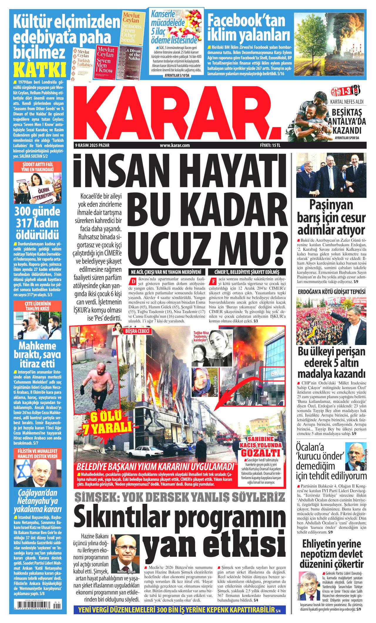 KARAR gazetesinin 9 Kasım 2025 tarihli birinci sayfası