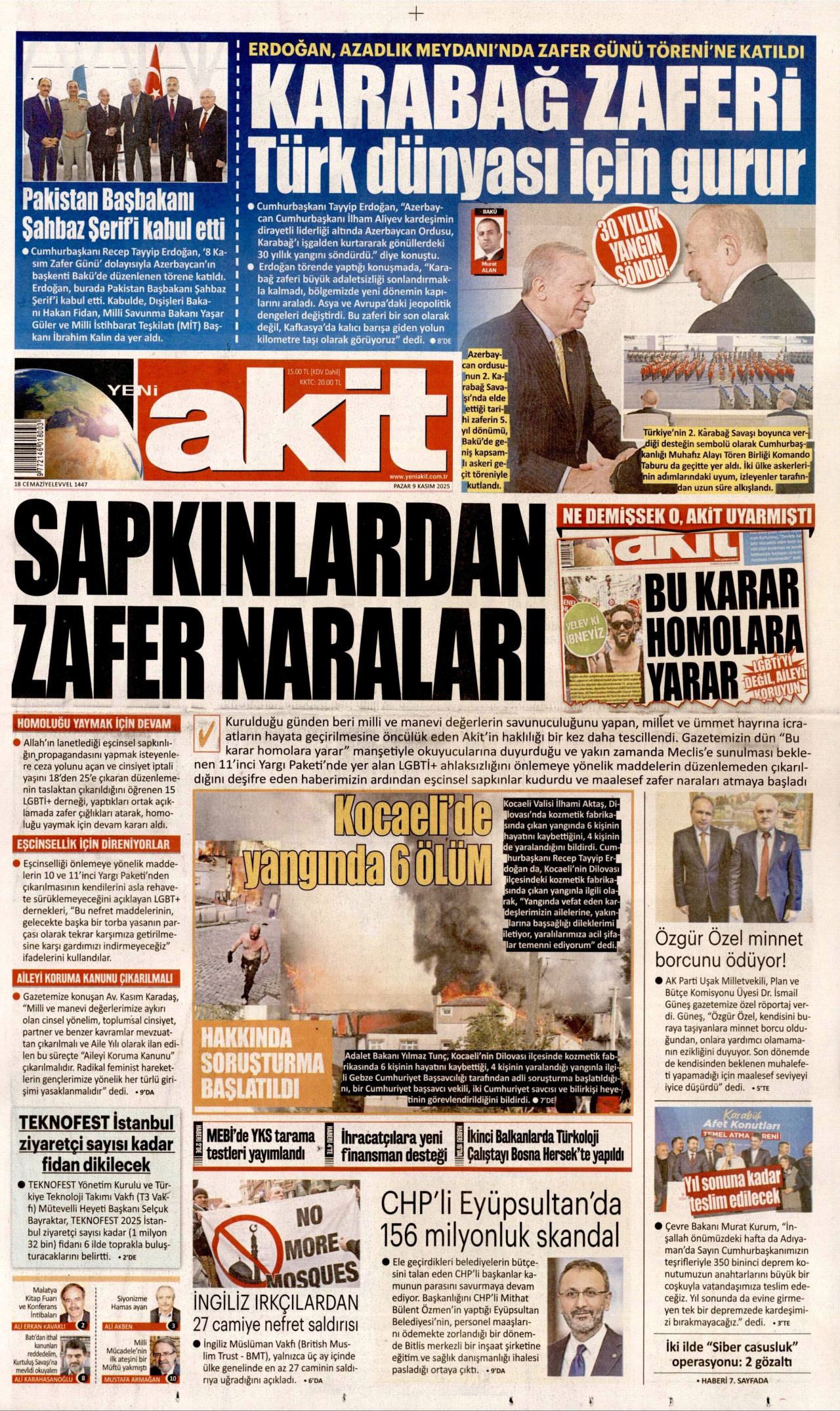 YENİ AKİT gazetesinin 9 Kasım 2025 tarihli birinci sayfası
