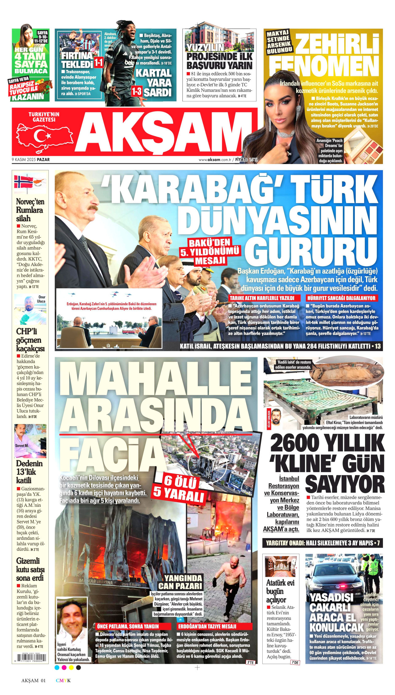 AKŞAM gazetesinin 9 Kasım 2025 tarihli birinci sayfası