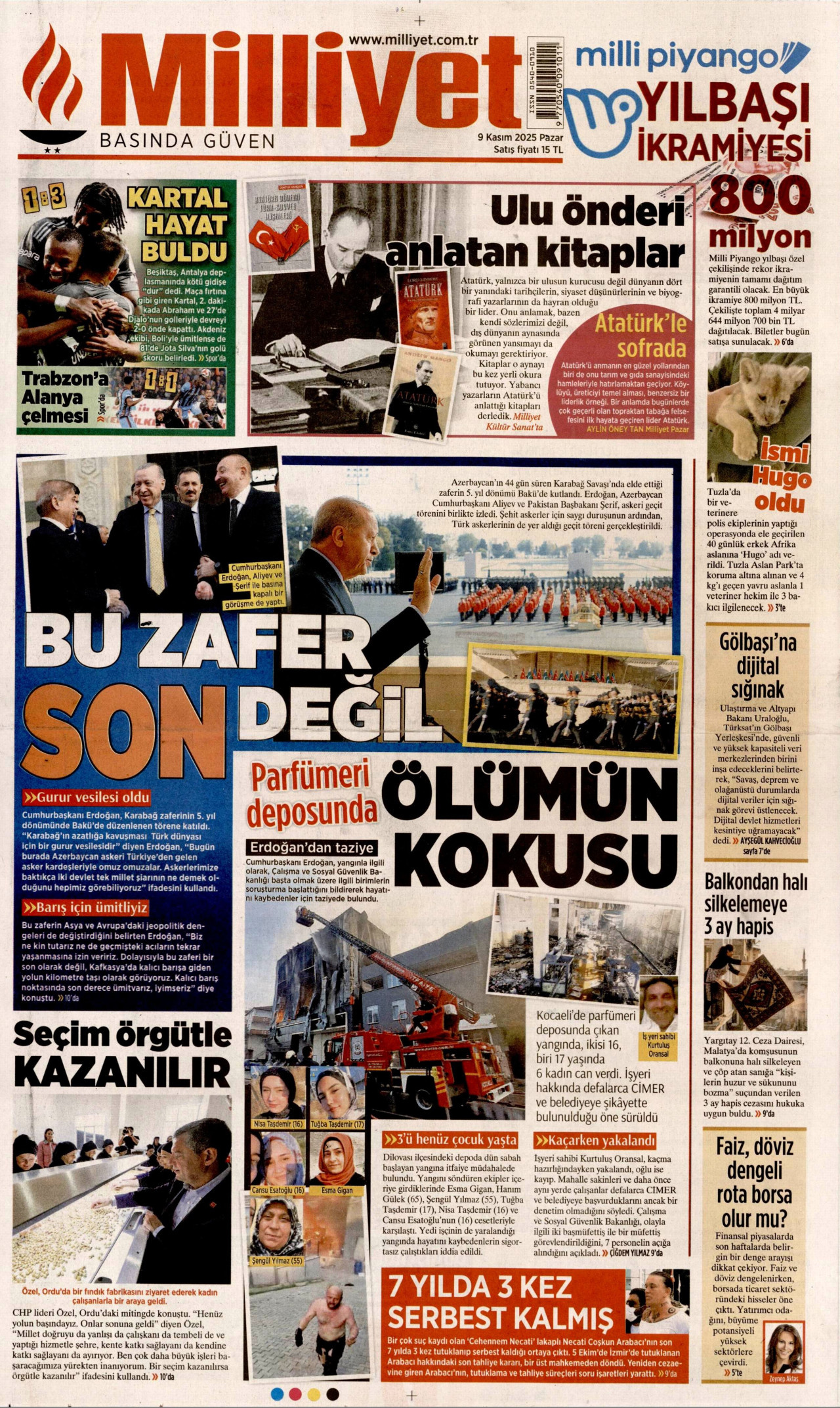 MİLLİYET gazetesinin 9 Kasım 2025 tarihli birinci sayfası