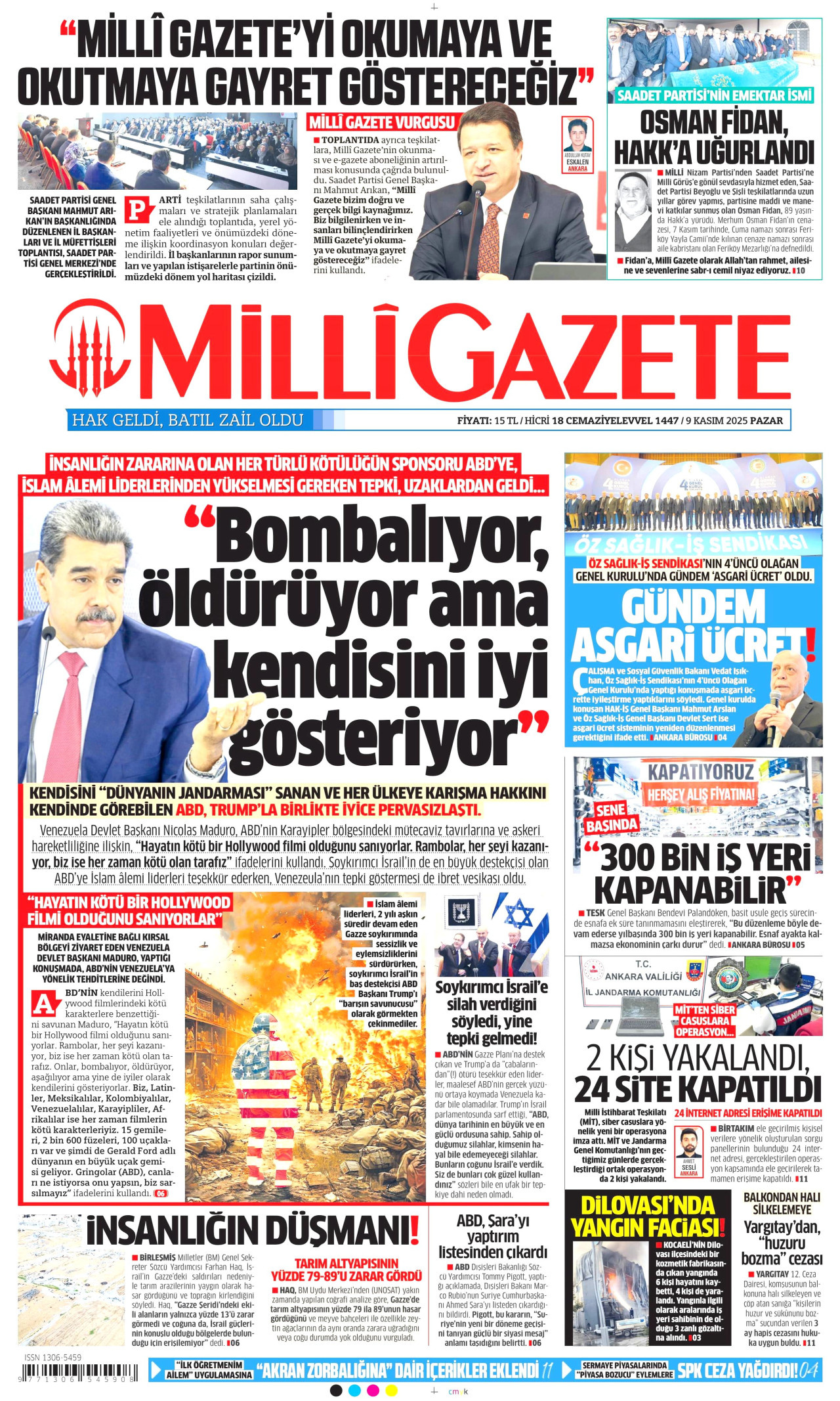 MİLLİ GAZETE gazetesinin 9 Kasım 2025 tarihli birinci sayfası
