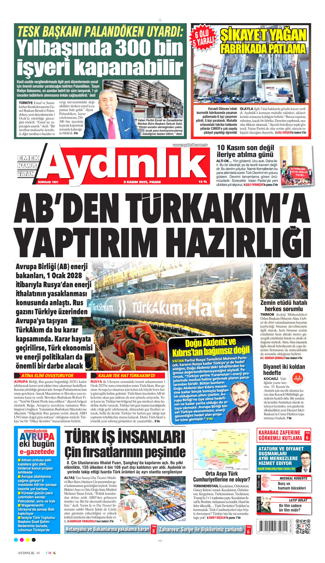 AYDINLIK GAZETESİ gazetesinin 9 Kasım 2025 tarihli birinci sayfası